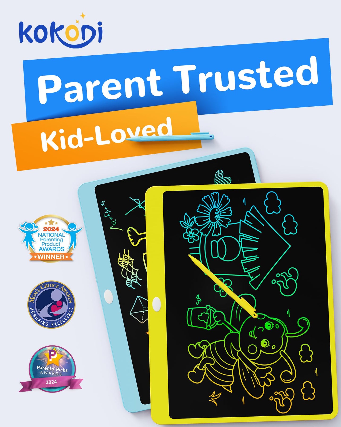 KOKODI LCD Writing Tablet, 16 Inch Colorful Toddler Doodle Board Drawing Tablet, Erasable Reusable Electronic Drawing Pads, Educational and Learning Toy for 3-6 Years Old Boy and Girls(Yellow)