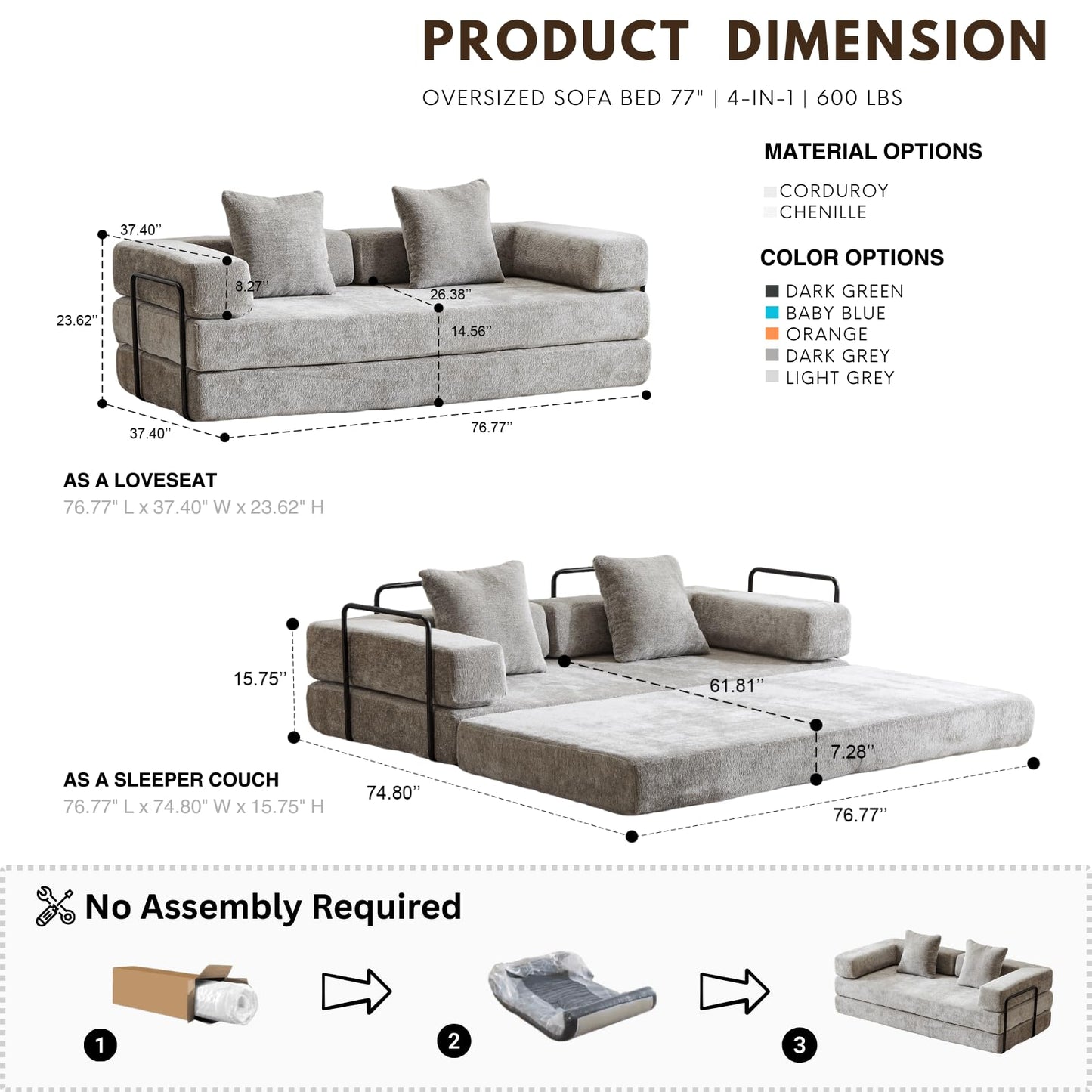 Alpen Convertible Sleeper Sofa Bed, 77" Sofa Bed Full Size with L-Shaped Armrests, Pull Out Sofa Beds Queen Size Couches for Small Living Room for Living Room Bedroom, Light Grey