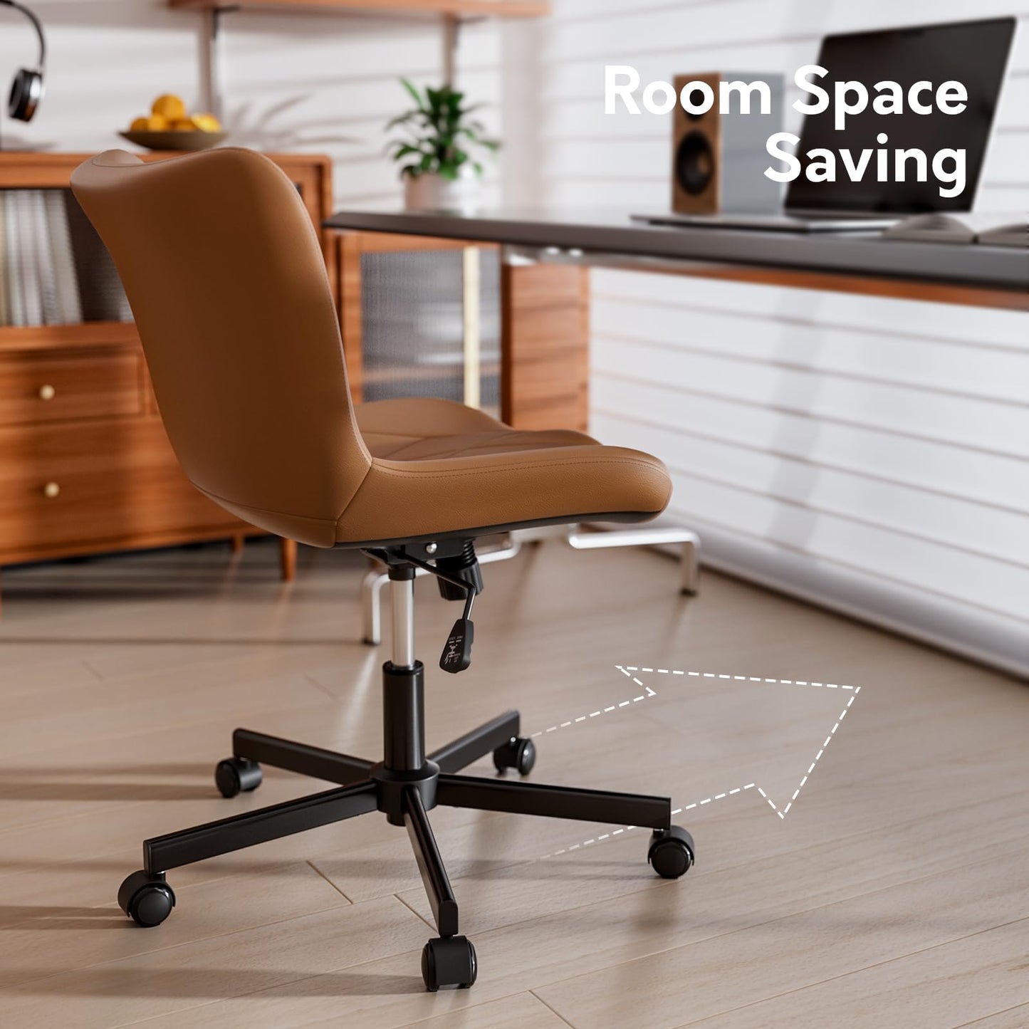 Brown Leather Armless Desk Chair, Soft Ergonomic Cushion, Height Adjustable, Rocking, Home Office