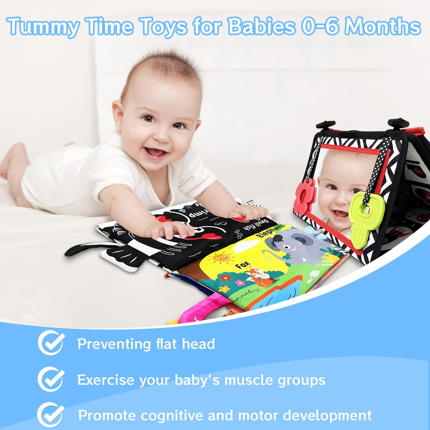 Autumety Tummy Time Mirror Newborn Toys: Black and White Infant Tummy Time Toys 0-3 0-6 6-12 Months Babies High Contrast Baby Toy with Book & Teethers Montessori Sensory Toy for Boy Girl Baby