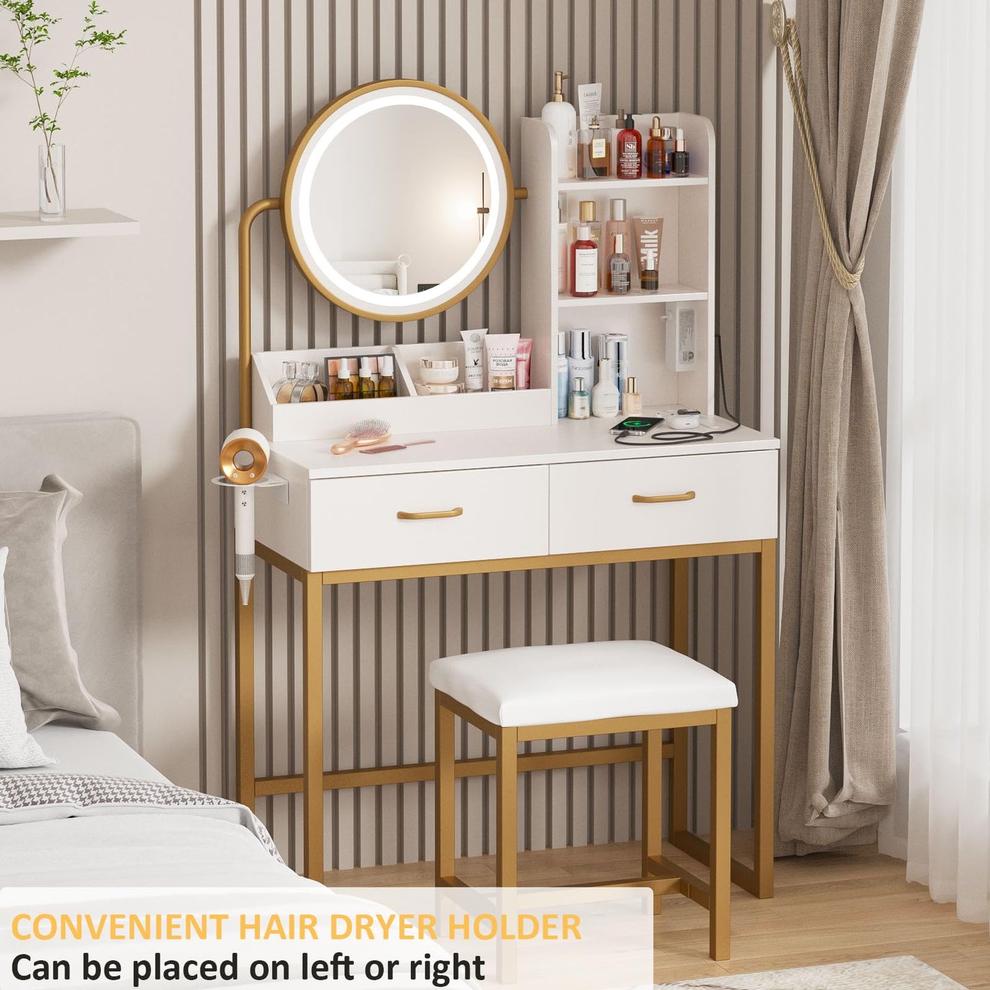 Vabches Makeup Vanity with Round Mirror and Lights, White Vanity Makeup Table with Charging Station, Small Vanity Table for Bedroom, 3 Lighting Modes, 31.5in(L)