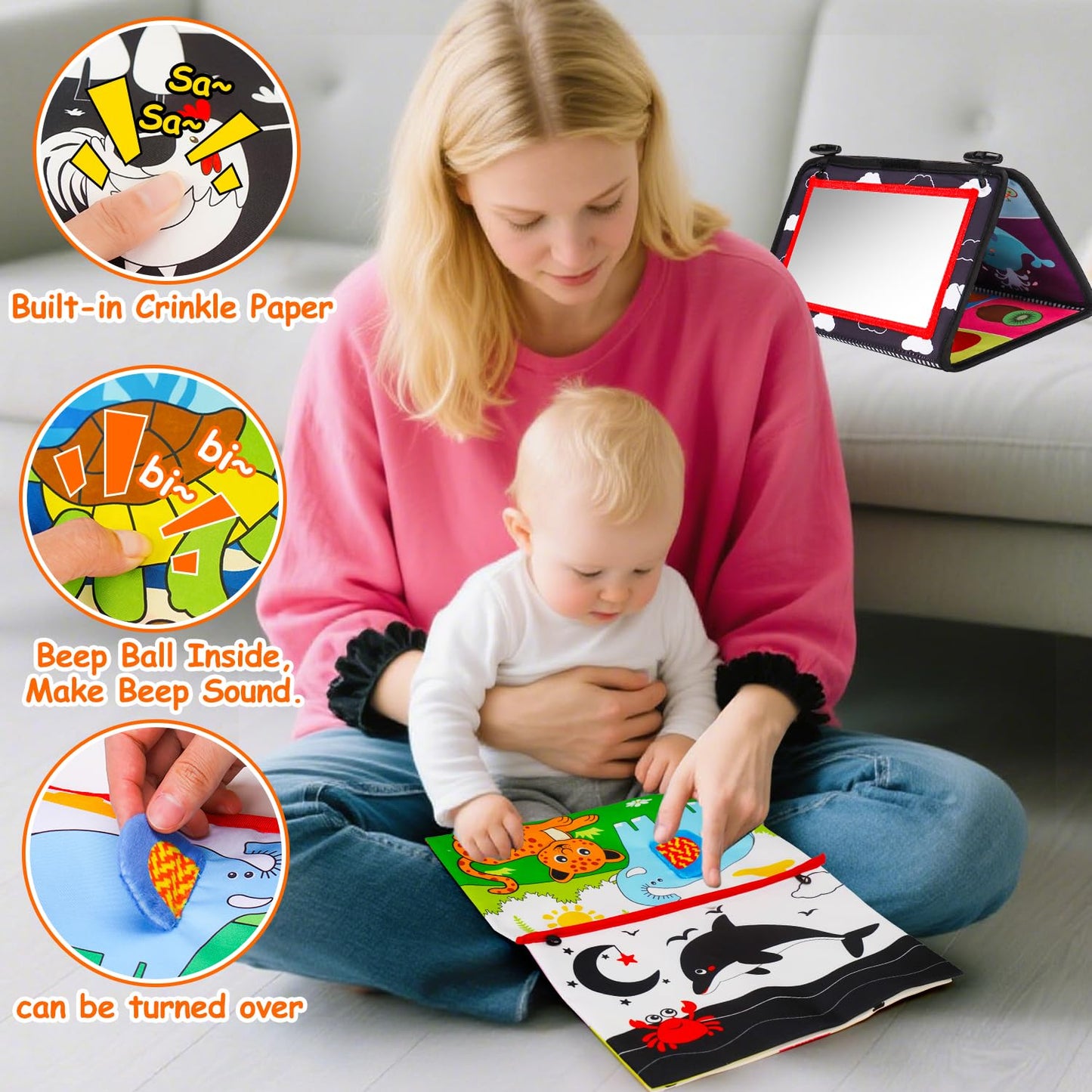 Baby Mirror Tummy Time Toys 0-6 Months with Crinkle Cloth Books Infant High Contrast Newborn Sensory Black and White Toy for 0-3 4 5 6 Months Must Haves Babies 3-6 6-12 Month Boy Girl Shower Gifts