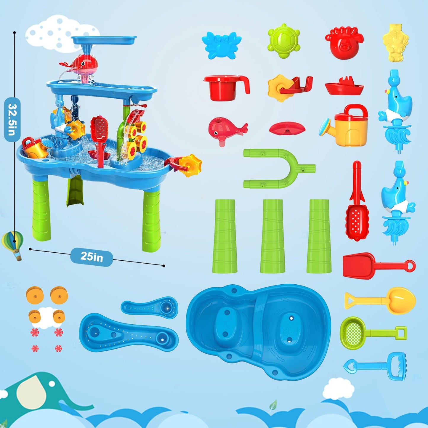 zefinot Water Table for Toddlers 3-5 | 3-Tier Kids Water Table Toys, Outdoor Water Table with Rain Showers Splash Pond for Beach Backyard Summer, Sensory Play Table for Boys Girls