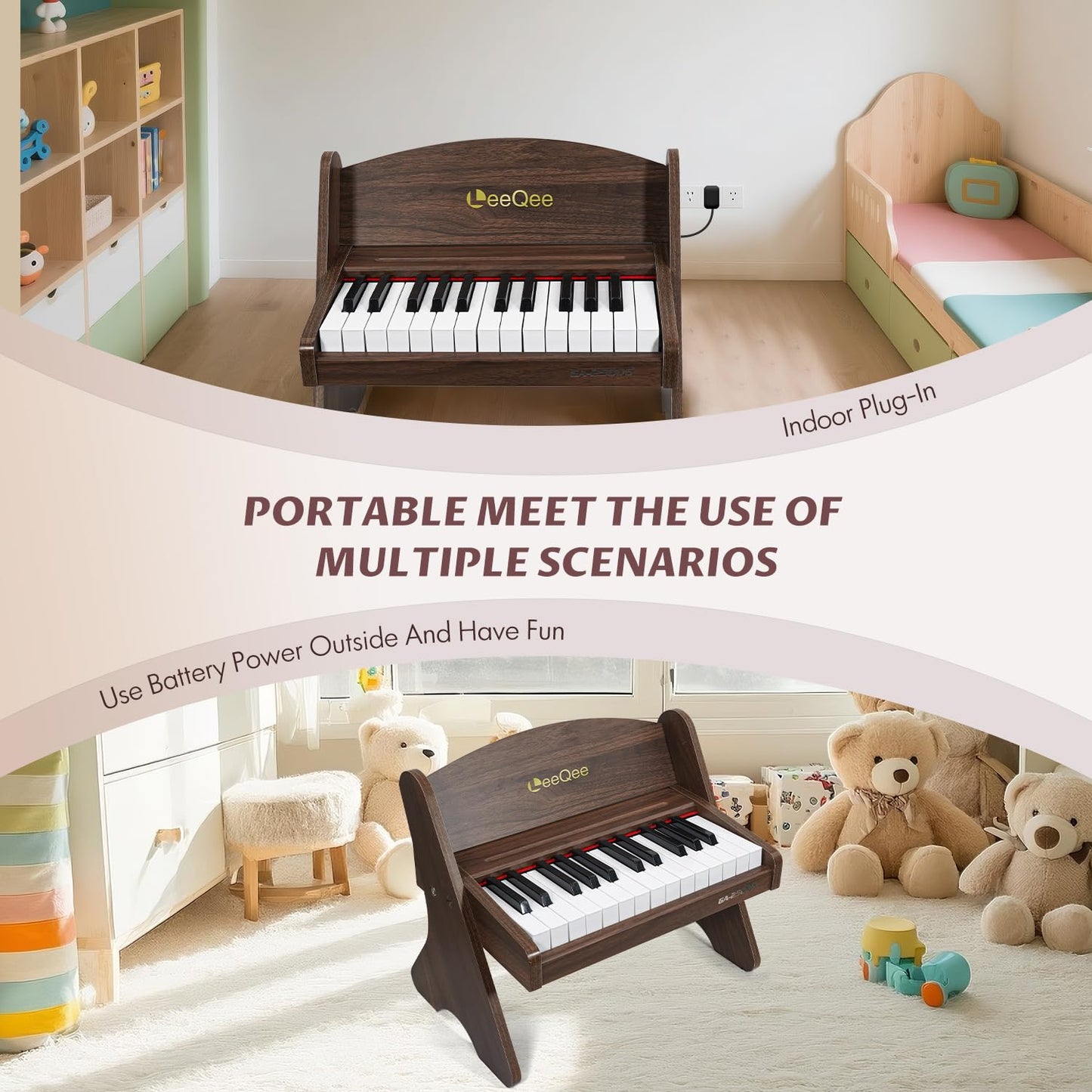 LeeQee Baby Piano for Toddlers, 25 Keys Wooden Piano for Kids with Volume Control, Mini Digital Music Educational Instrument Toy, Dual Power Mode Portable Wood Piano for 3+ Year Old Girls Boys