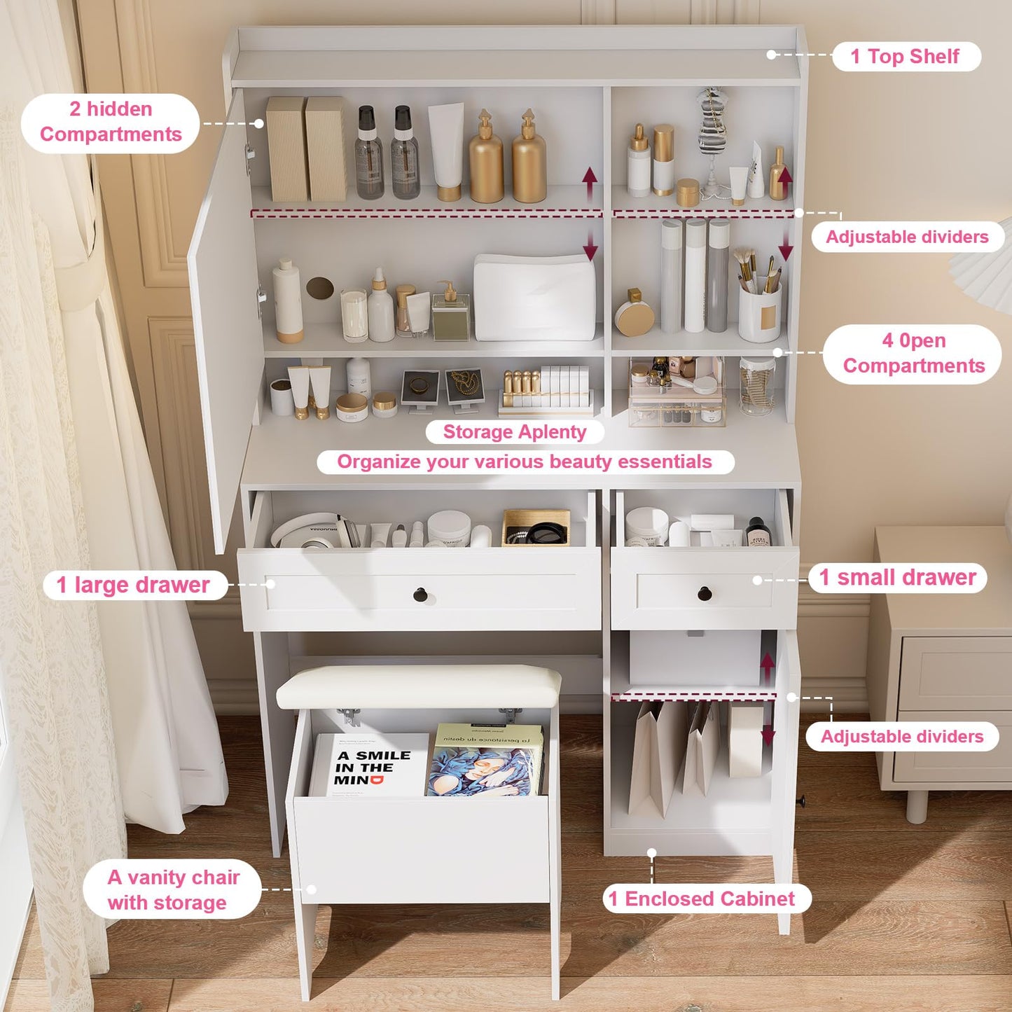 Hogxp Vanity Table with Hidden Storage & LED Mirror - Includes Padded Stool, 5 Compartments, 2 Drawers & 1 Storage Cabinet - Ideal Bedroom Makeup Dressing Table White