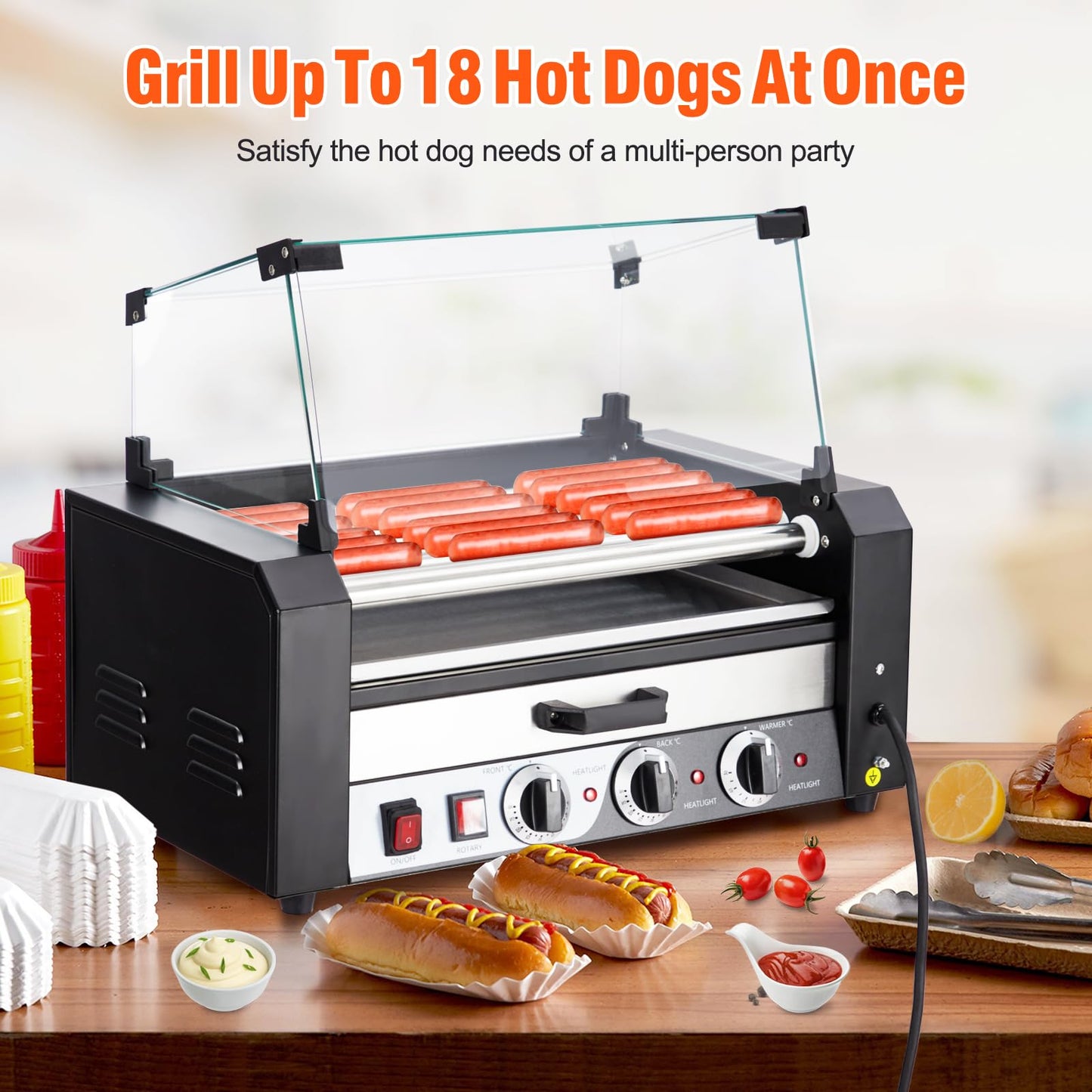 ACONEE Hot Dog Roller, 7 Rollers 18 Hot Dogs Capacity 1350W Stainless Sausage Grill Cooker Machine with Removable Oil Drip Tray Dual Temp Control and Glass Hood Cover, Perfect for Commercial and Party