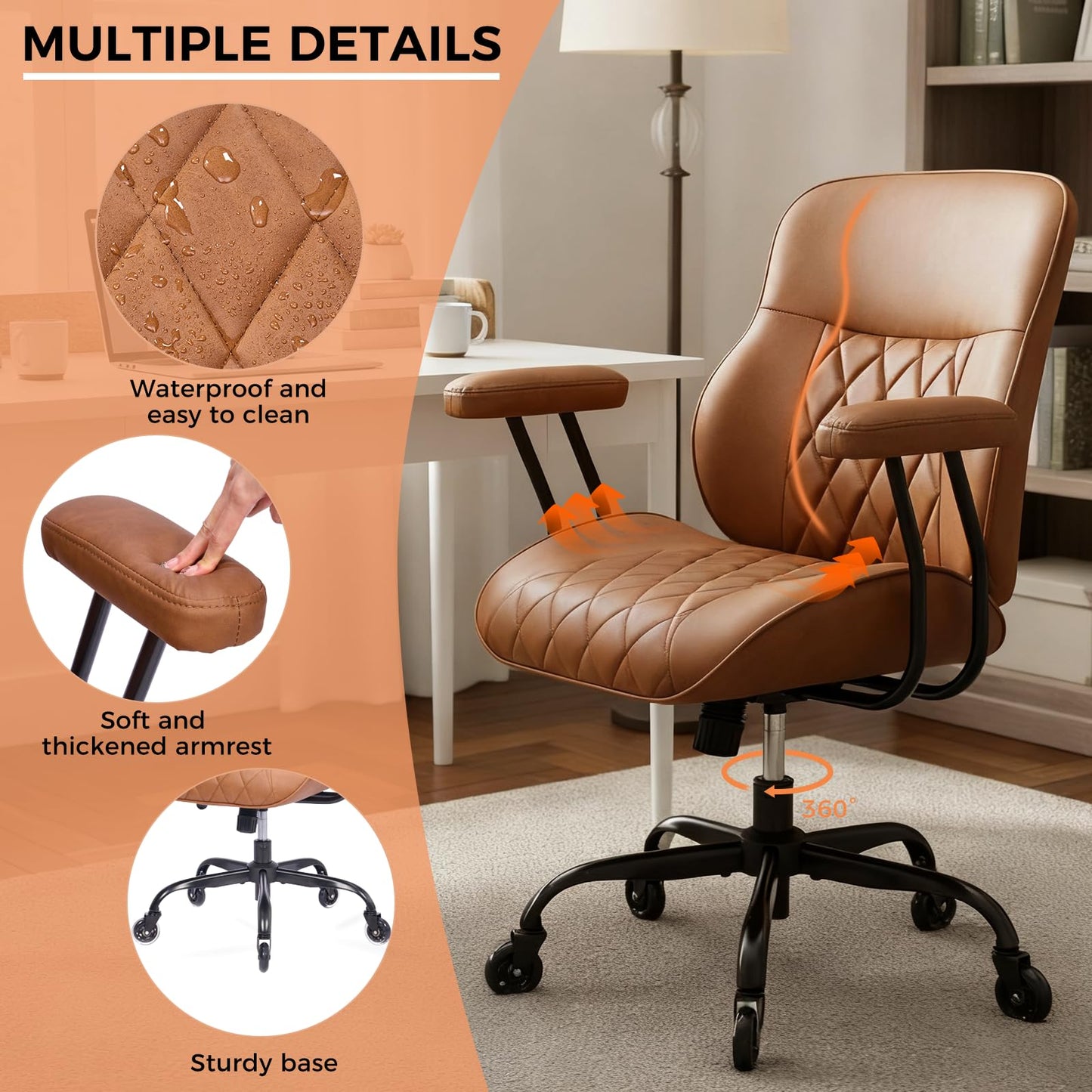 BEWISHOME Brown Leather Office Chair– Features Rubber Wheels and Lumbar Support Ergonomic Mid Century Modern Desk Chair with Adjustable Height, 360° Swivel for Home & Office