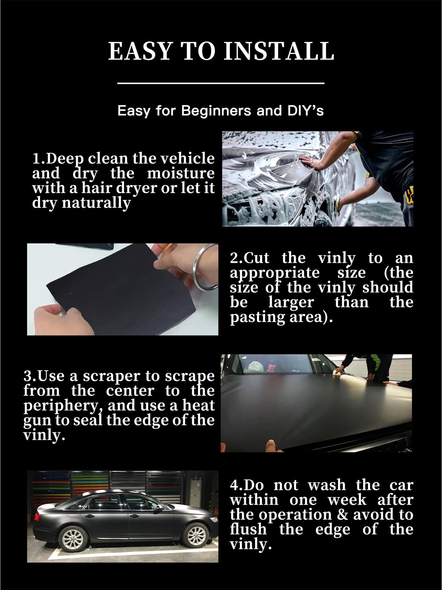 XINXINVibe Matte Black Vinyl Wrap Film for Cars, 15ft x 5ft Automotive Wrapping Film Roll for Car Body Protection, Scratch Resistance with Air Release Technology (Matte Black)