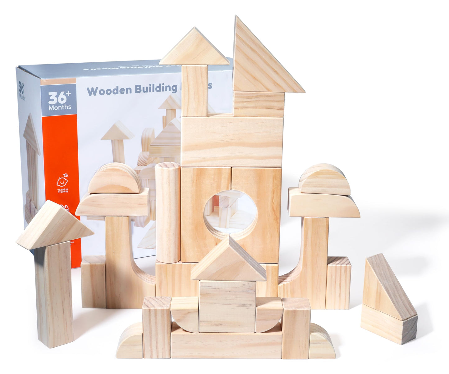 Large Wood Building Blocks with Wooden Storage Tray, 64-Piece Hardwood Sorting & Stacking Toys for Building & Balancing, Educational Preschool Learning Toys for 3+ Year Old Boy and Girl Gifts