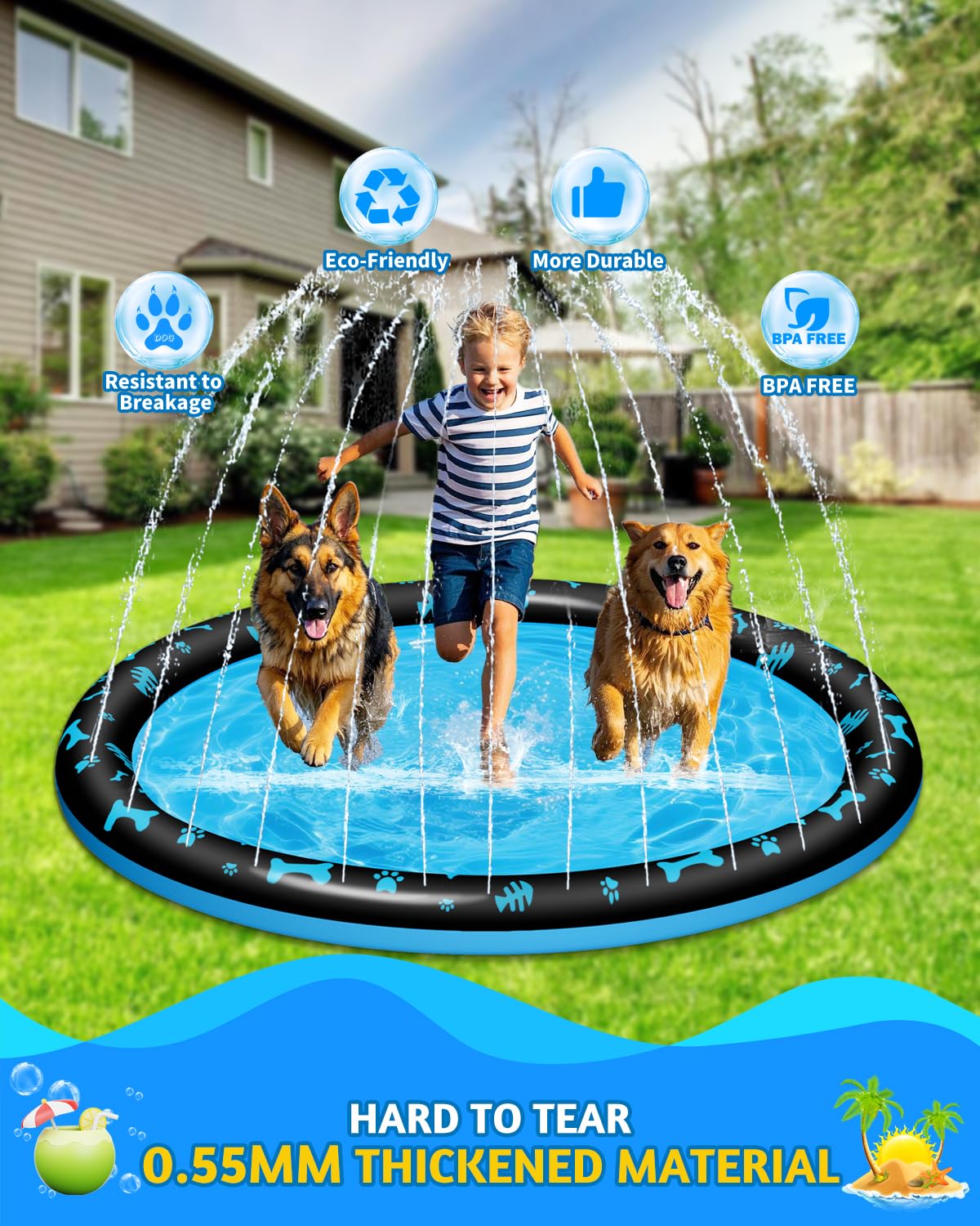 67" Splash Pad for Kids and Dogs, Non-Slip Sprinkler Play Mat, Outdoor Water Toys for Toddlers 1-3 & Kids Ages 4-8, Backyard Summer Water Play