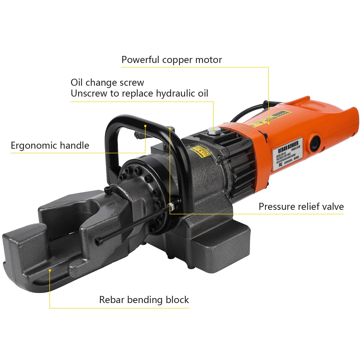 Electric Hydraulic Rebar Bender, 900W 110V, Bending up to 5/8 in #5 16 mm Rebar, Bending Angle 0-130 Degrees, Hand Held Bender Machine for Rod Steel Copper Bar (900W RB-16)