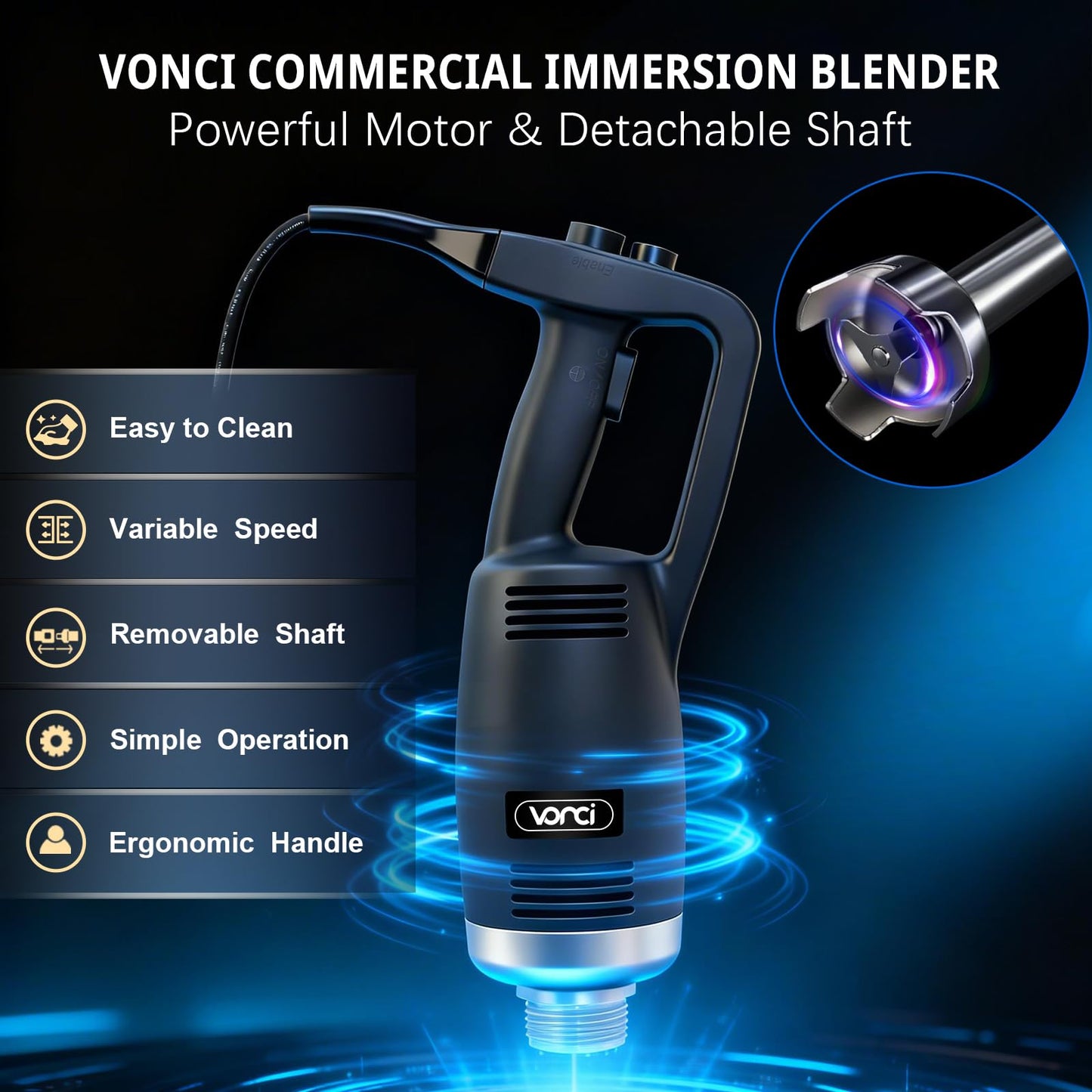 VONCI 750W Commercial Immersion Blender, Electric Hand Blender with 16" Detachable Shaft, Variable Speed 8000-19000RPM,Industrial Immersion Blender for Restaurant Kitchen.Extra Heavy Duty Hand Mixer.