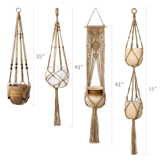 Mkono Macrame Plant Hangers Set of 4 Indoor Hanging Planter Basket Wall Decorative Flower Pot Holder with 4 Hooks for Indoor Outdoor Home Decor Gift Box, Brown