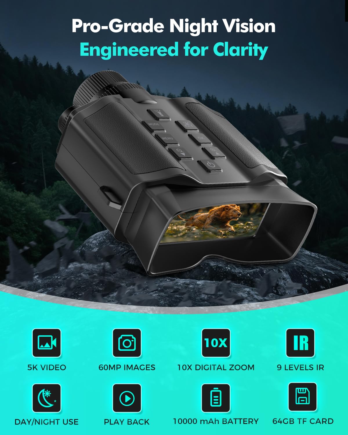 HEXEUM Night Vision Goggles for Adults, 3.99" HD Screen, 10000mAh Rechargeable Night Vision Binoculars with 64GB Card for Hunting Camping Surveillance