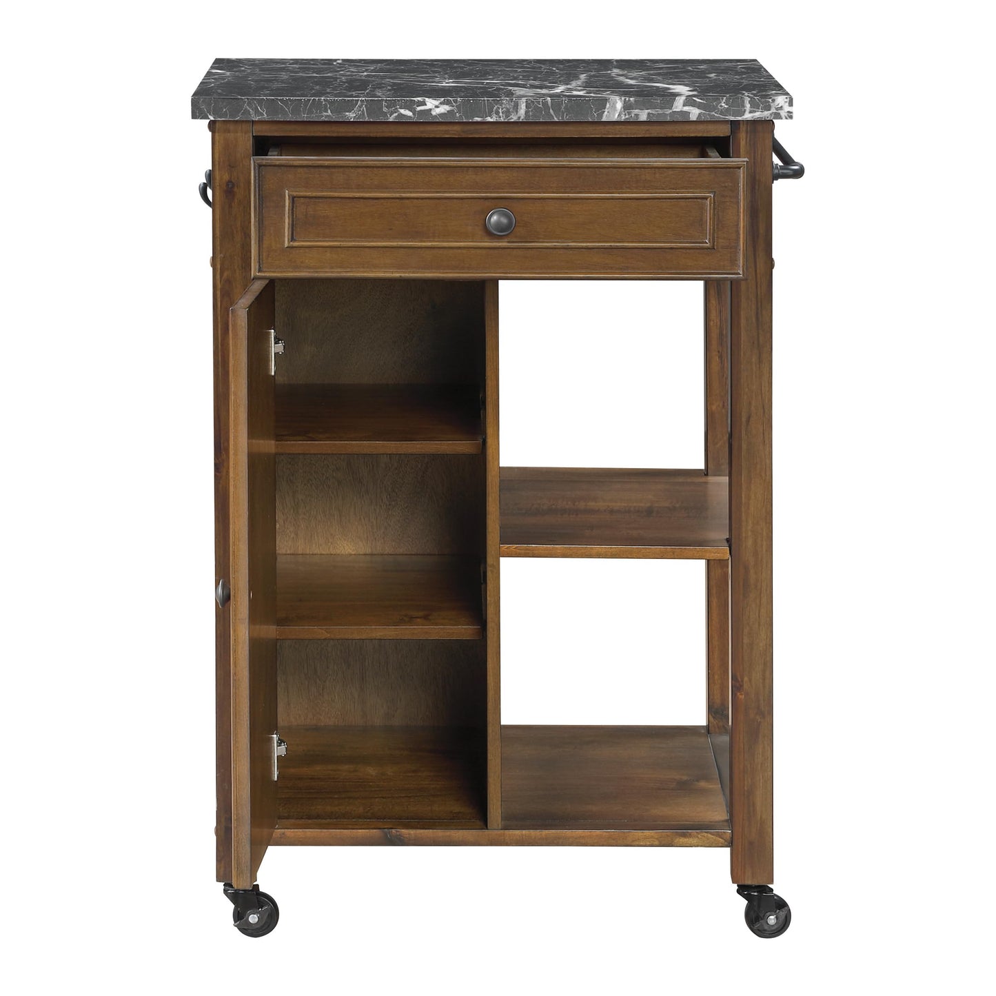 OSP Home Furnishings Fairmont Modern Farmhouse Kitchen Cart, Rolling Storage Cabinet with Drawer, Shelves, Hooks, Towel Bar, Oak Wood Finish with Faux Marble Top