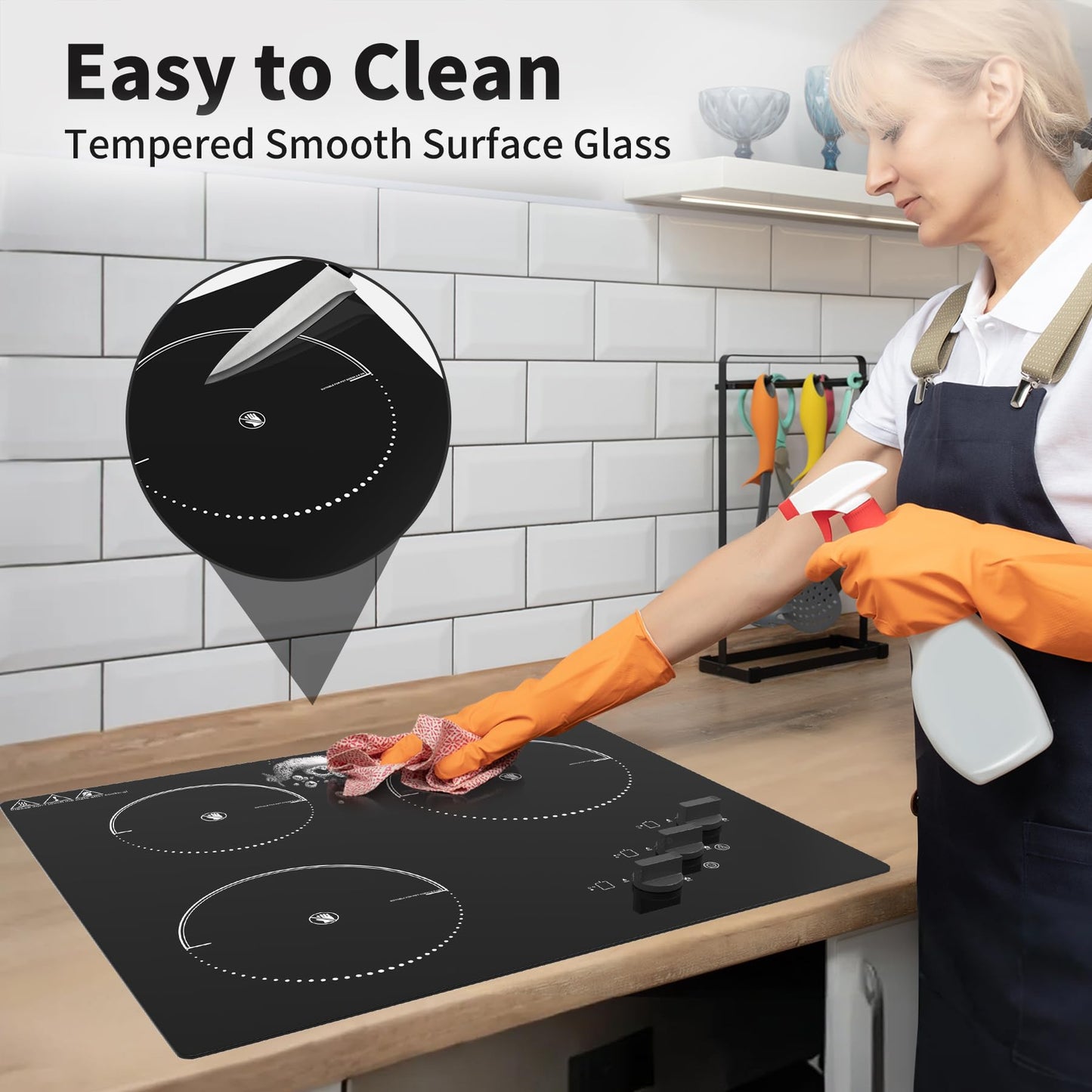 VBGK Electric Cooktop,24 inch 220V Stove Top,Touch and Knob Control,LED,9 Power Levels, Kids Lock &Timer,Overheat Protection,5000W 3 burner electric cooktop.