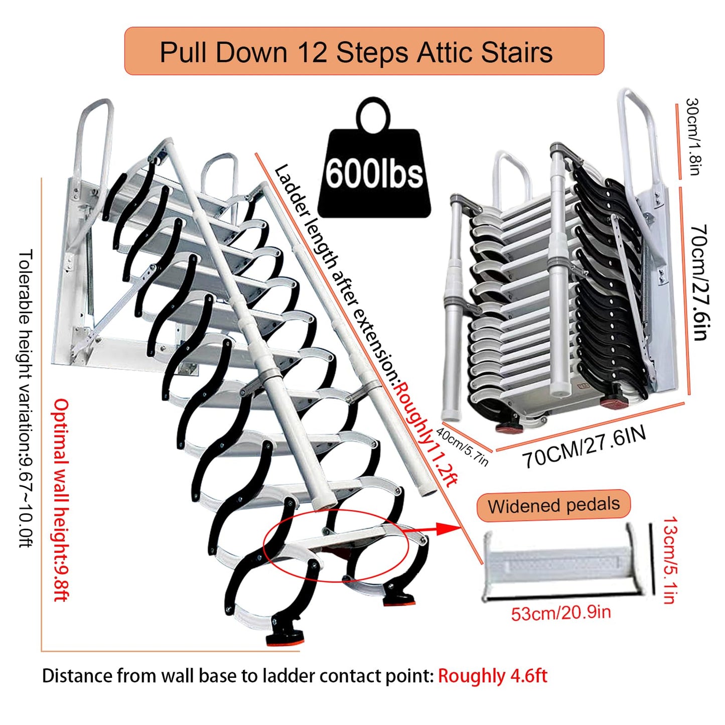 10FT Wall Mounted Retractable Attic Ladder, Folding Loft Stairs with 2 Handrails & Pull-Down System, Extra Wider Attic Stairs for Indoor, for Indoor, Garage, Basement, Storehouse, 660lb (12 Steps)