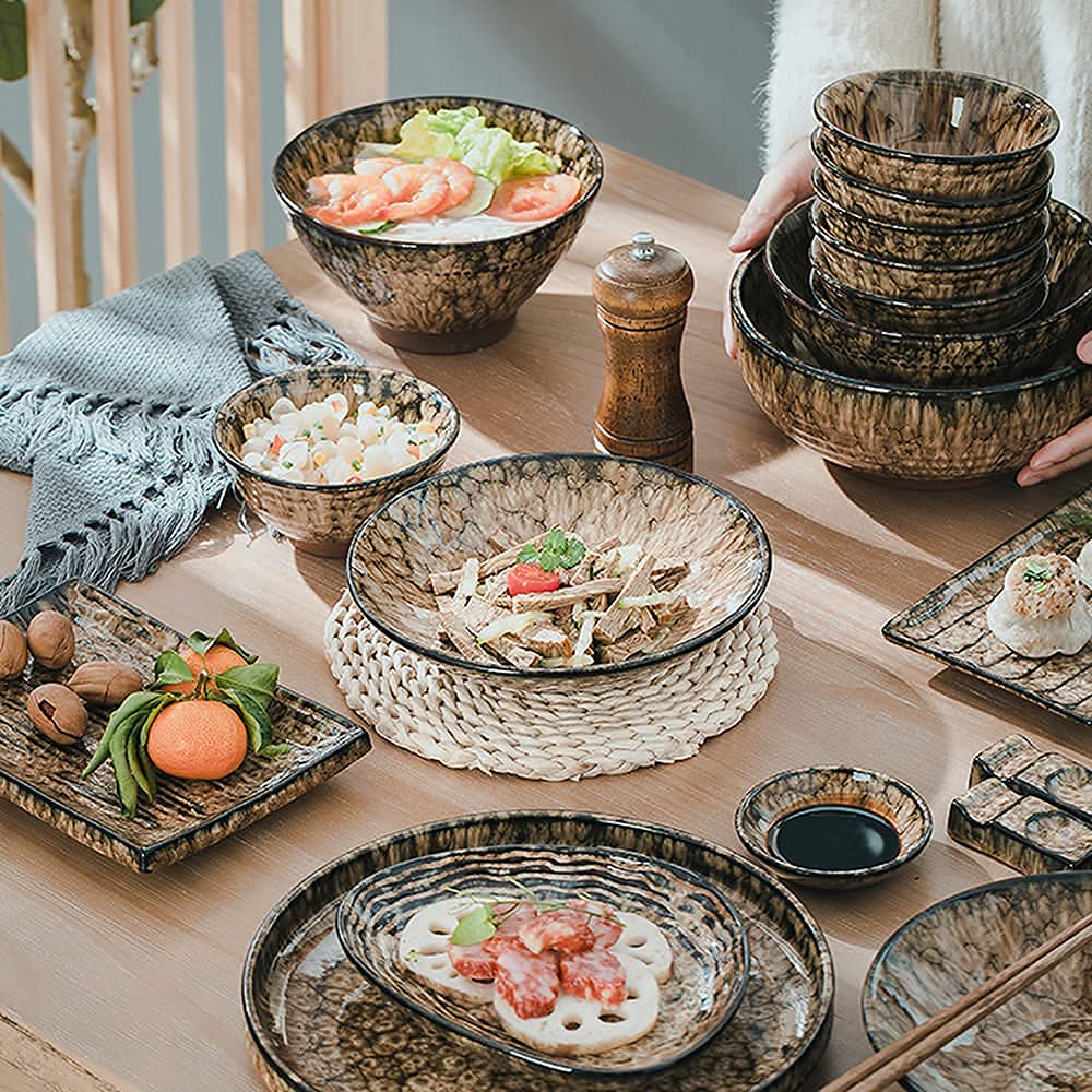 EliteBloom Leopard Glaze Dinnerware Sets, Japanese Creative Plate and Bowl Sets, Dish Set Service for 8 for 2, 6, 10 People, Microwave Oven Dishwasher Safe, High-End Ceramic K