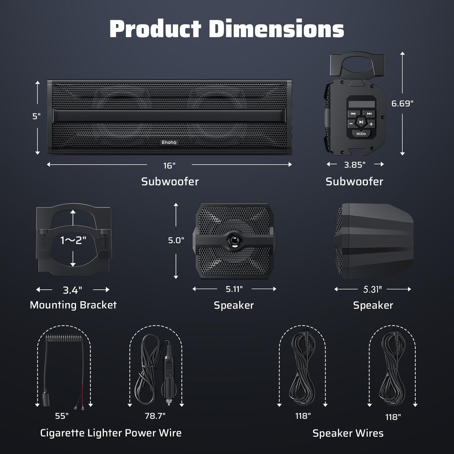 Ehaho 2.1CH Stereo UTV Sound Bar (Subwoofer) and Speakers, 16 Inch Bluetooth ATV Soundbar with RGB Lights, Waterproof Golf Cart Speakers, Marine Sound bar Compatible with SXS Polaris RZR Can-Am