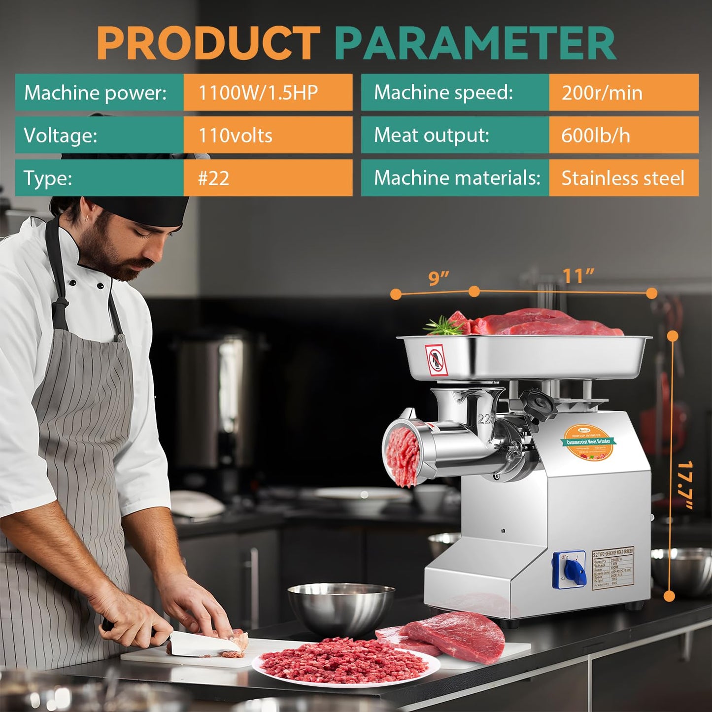 Newhai 1.5HP Commercial Meat Grinder #22 Heavy Duty Meat Grinding Machine 1100W Meat Mincer with 3/6/8mm Grinding Plates 110V US for Beef Pork Chicken Soft Bone