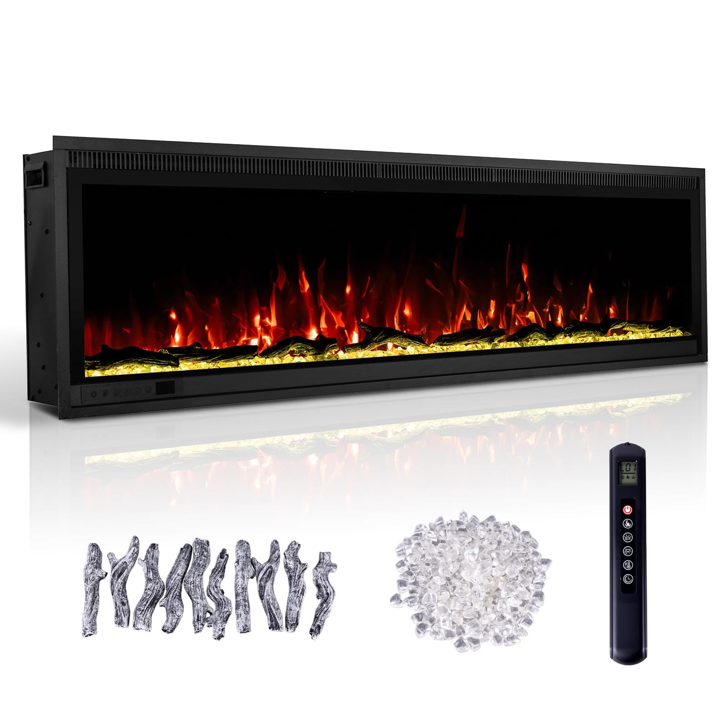 60" Linear Electric Fireplace Heater Insert: Ultra-Narrow Frame Wide Screen, 13 Flame & Ember Colors, 3 Top Light Colors. Wall Mount/Recessed,1500W/750W with Remote & Touch Control, Log & Crystal Set