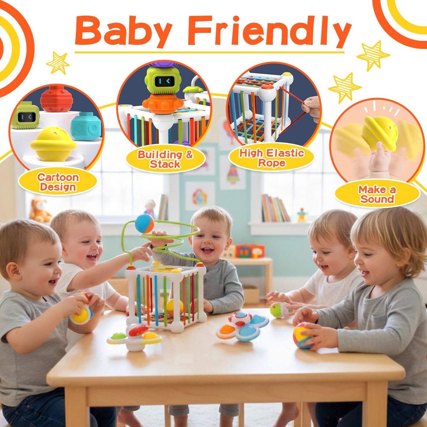 Fyxttalor Montessori Toys for Toddlers 18 Months+, 16PCS Baby Activity Cube with Shape Sorter, 3 Suction Cup Spinner Toys, 2 Bead Mazes, Ball Rolling Track, Developmental Learning Gifts for Boys Girls