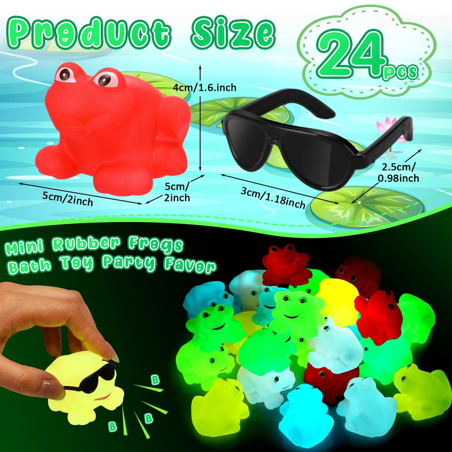 Halloscume 24 Pack Glow in The Dark Rubber Frog Toys for Kids, Floating Squeaky Bath Toys Bulk, Cute Mini Rubber Frogs with Sunglasses, Luminous Party Favors, Birthday Goodie Bag Stuffers for Toddlers