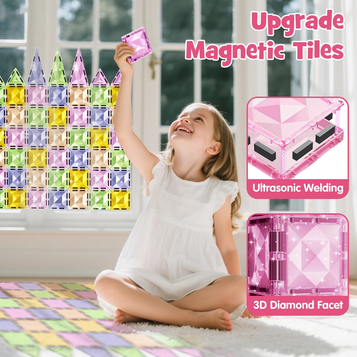 Magnetic Tiles for Kids Ages 4-8, Magnetic Blocks Travel Set with Diamond Surface & Metal Storage Box, 60PCS STEM Learning Toys, Educational Building Gifts for 3-8 Year Olds