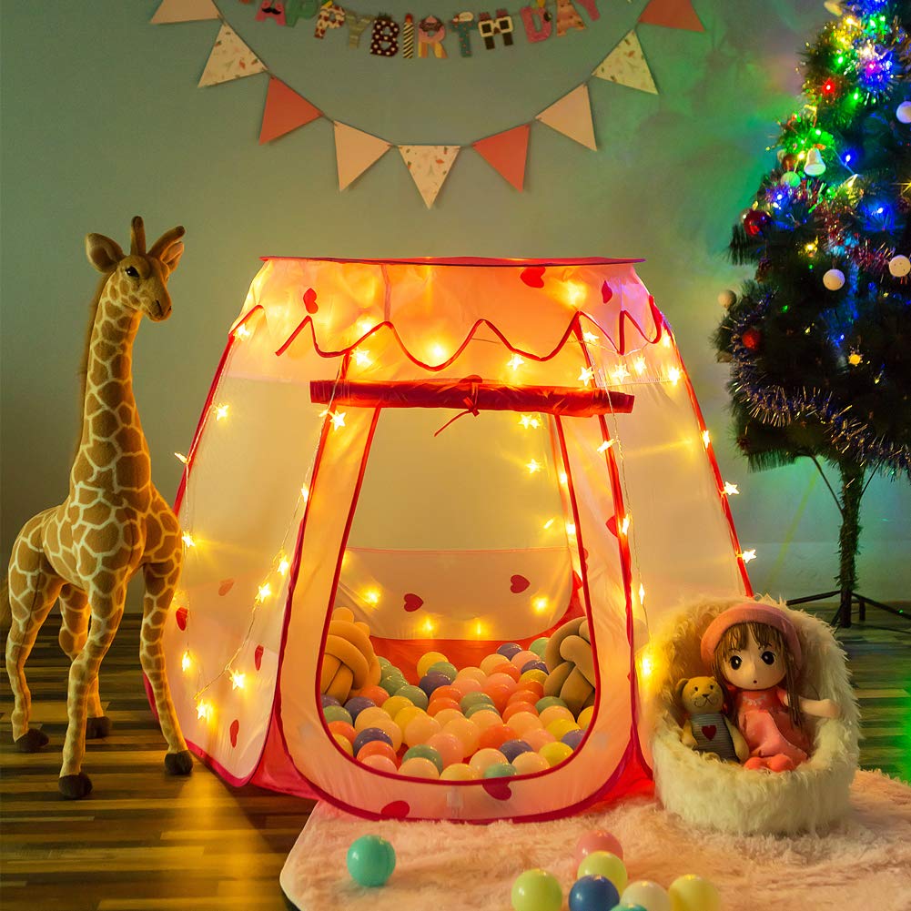 Crayline Pop Up Princess Tent with Star Light, Toys for 1 2 3 Year Old Girl Birthday Gift, Baby Girl Toys, Ball Pit for 12-18 Months Toddler Gift, Easy to Pop Up and Assemble(Pink)