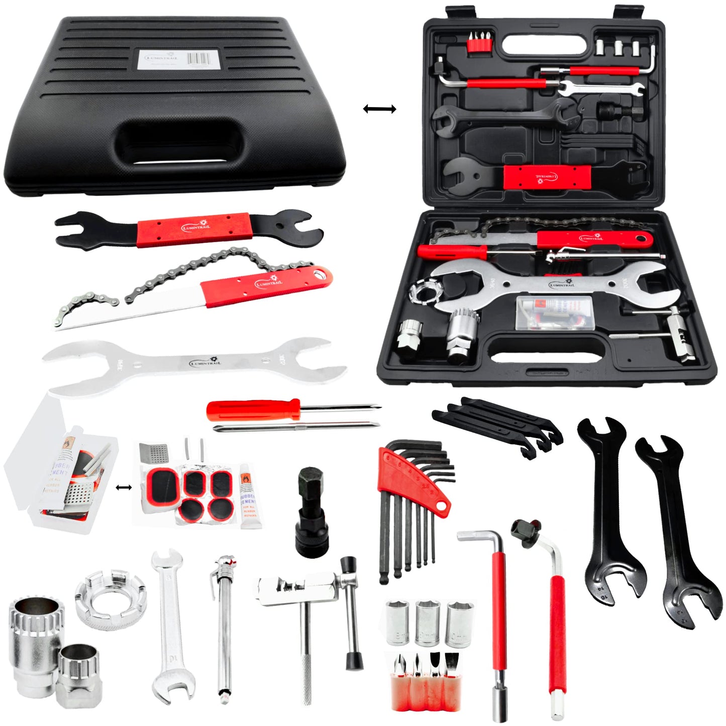 Lumintrail Portable Mini Bike Pump, Indoor Compact Bike Stand for Garage on Floor, and Lumintrail 42-Piece Mountain, Dirt, and Road Bike Repair Tools Kit Bundle