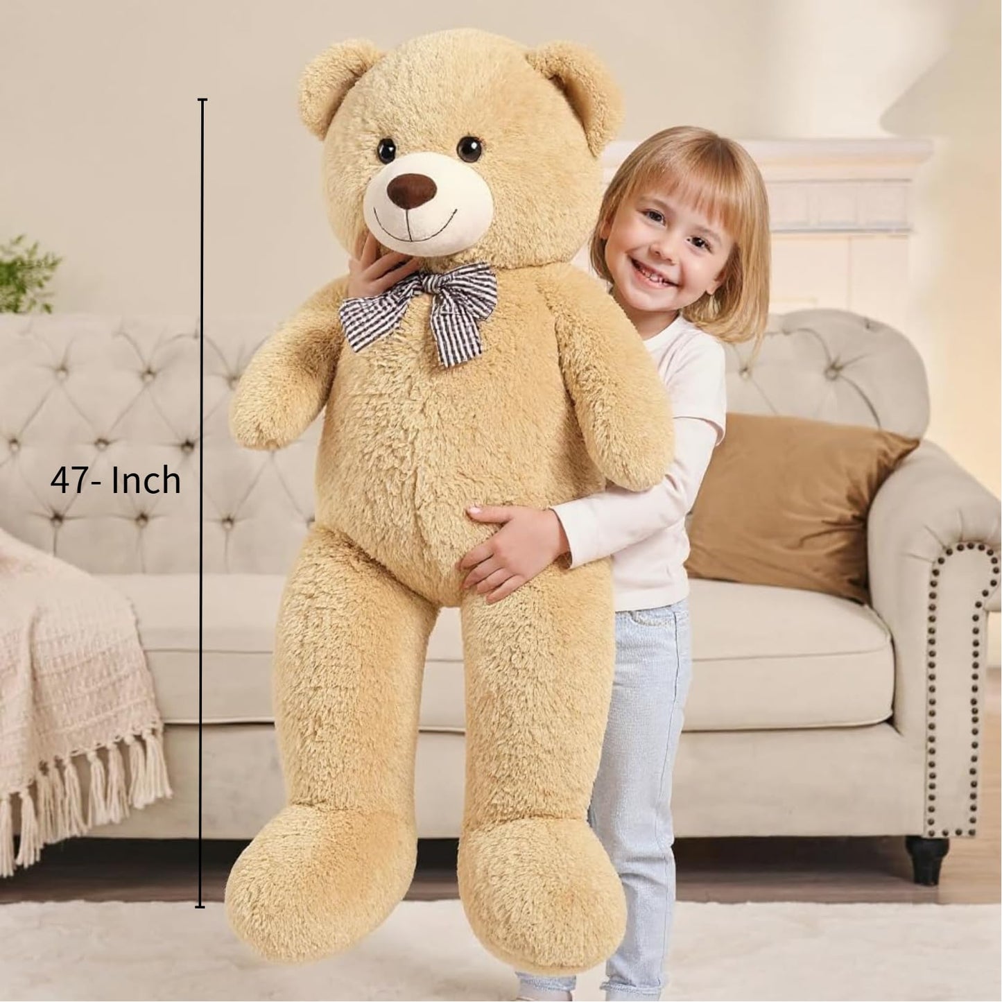 47 Inch Giant Brown Big Teddy Bear, Life Size Stuffed Animals, 4 Feet Light Brown Large Plush Toy for All Ages Kids, Girlfriend Boyfriend, Great Gift Idea for Birthday & Party Decorations