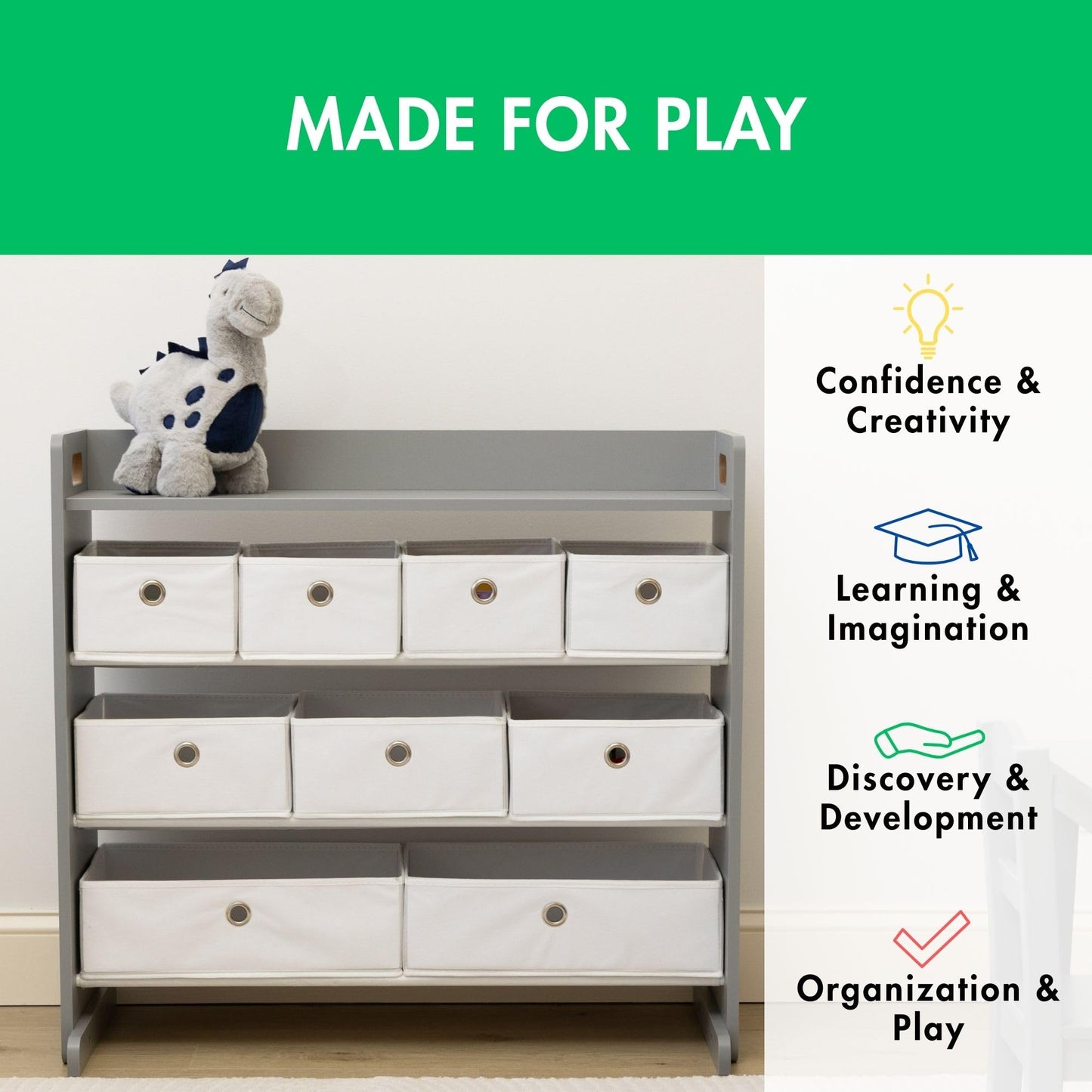 Humble Crew Toy Storage Organizer with Top Shelf and 9 Fabric Bins, Grey/White – Toddler Bookshelf with Toy Organizer - Modern Toy Rack Ideal for Kids' Rooms, Playrooms, and Nurseries