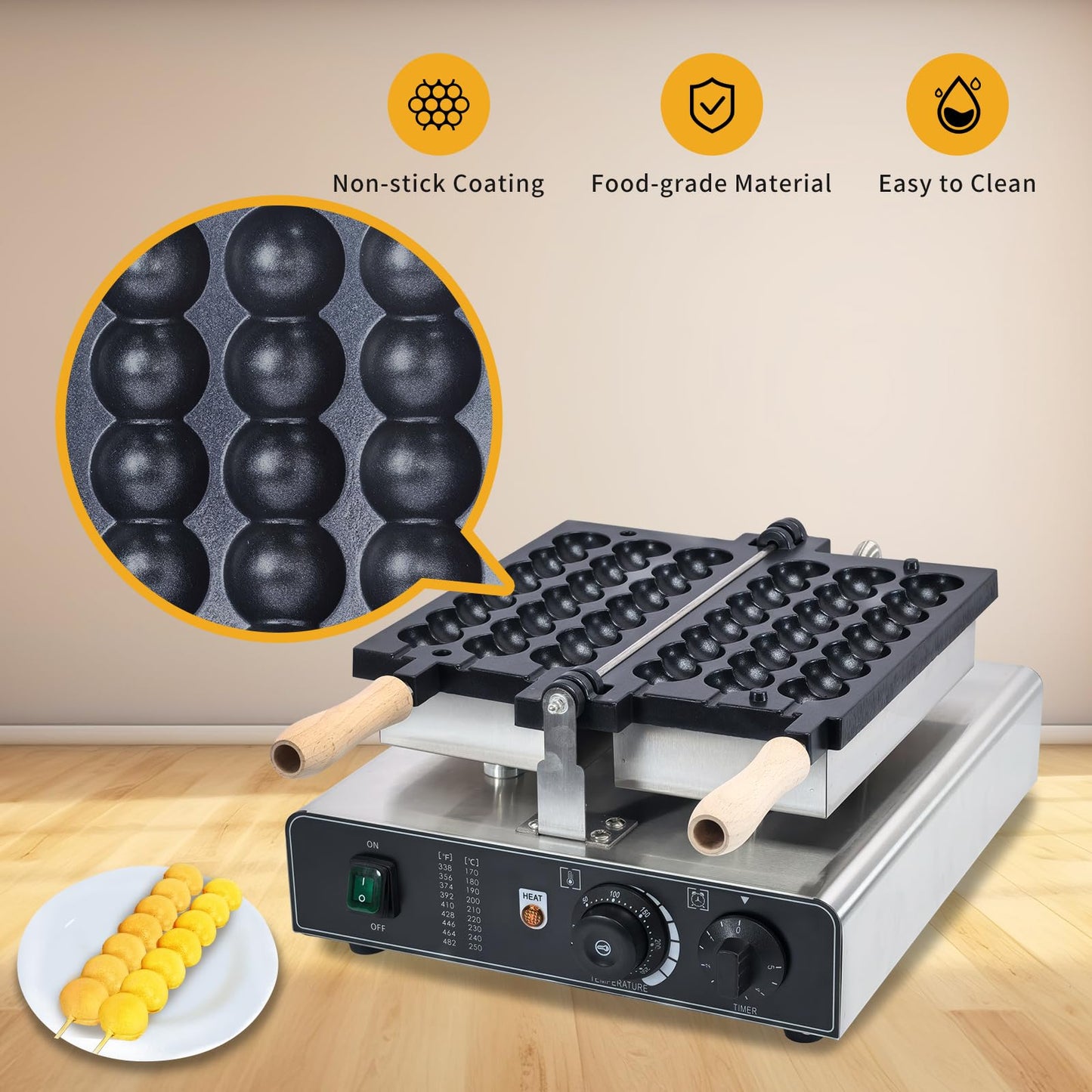 CPVKRY Commercial Waffle Skewer Maker, 120V 3-Grid Nonstick Electric Bubble Waffle Ball Machine, Double-heating Stainless Steel Bubble Waffle Stick Machine for Restaurant, Snack Bar, Street Stall