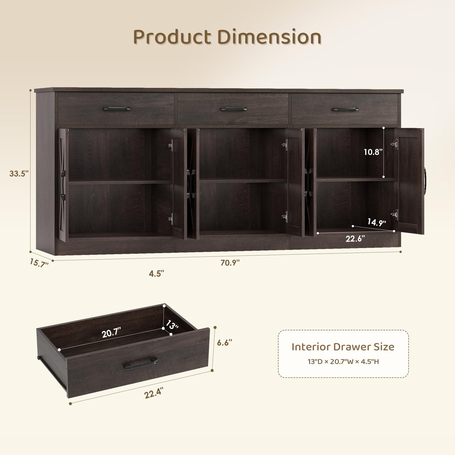 HOSTACK 71" Large Sideboard Buffet Cabinet with Storage, Farmhouse Coffee Bar Cabinet with 3 Drawers, Long Kitchen Buffet Table, Kitchen Sideboard Storage Cabinet for Dining, Living Room, Dark Brown