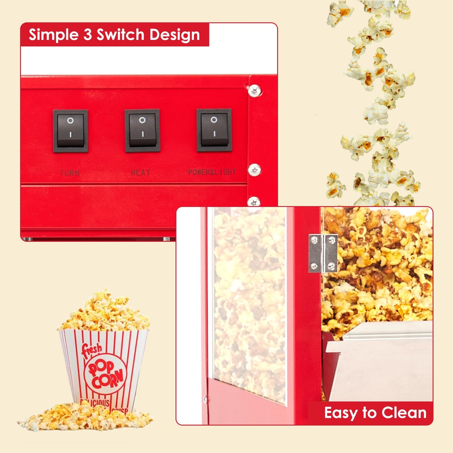 Takywep Commercial Popcorn Maker Machine, Popcorn Poppers with Cart and 10 Oz Kettle Makes Up to 64 Cups, 3-Switch Control, Theater Style