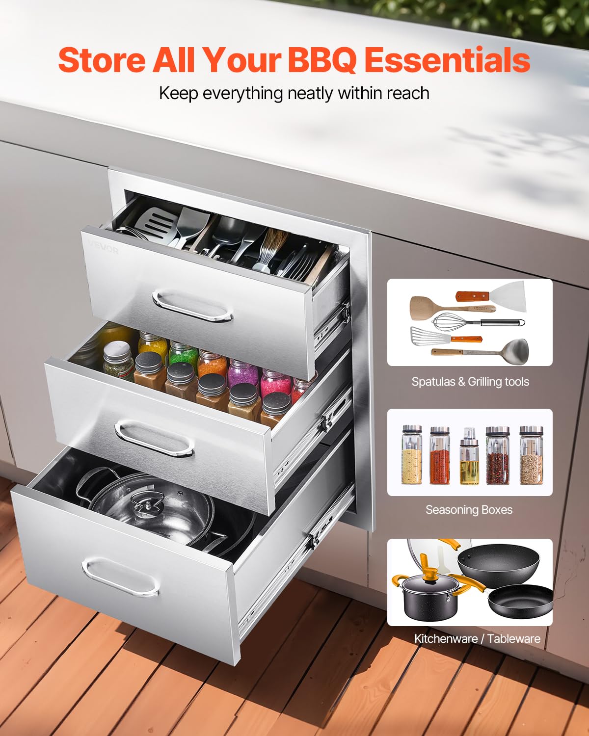 VEVOR Outdoor Kitchen Drawers 18.11"W x 23.23"D x 23.23"H, Triple-Access Stainless Steel BBQ Drawers with Handles, BBQ Island Drawer for Outdoor Kitchens or Barbeque Island Patio Grill Station