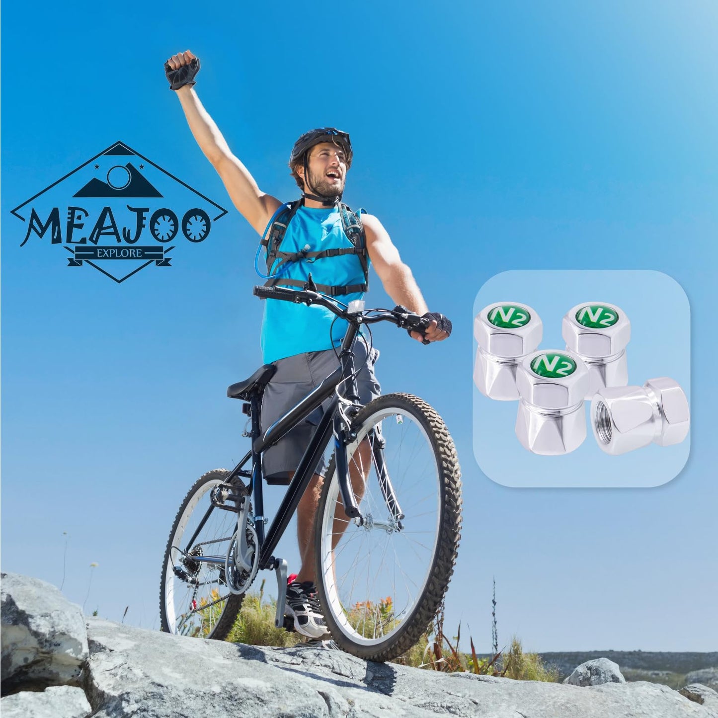 MEAJOO 4PCS N2 Car Tire Valve Caps, Dustproof Leak-Proof Tire Valve Stem Cap, Universal Aluminum Alloy Stem Covers for Cars, Trucks, Bikes, Motorcycles, Bicycles Tire Caps(Silver)