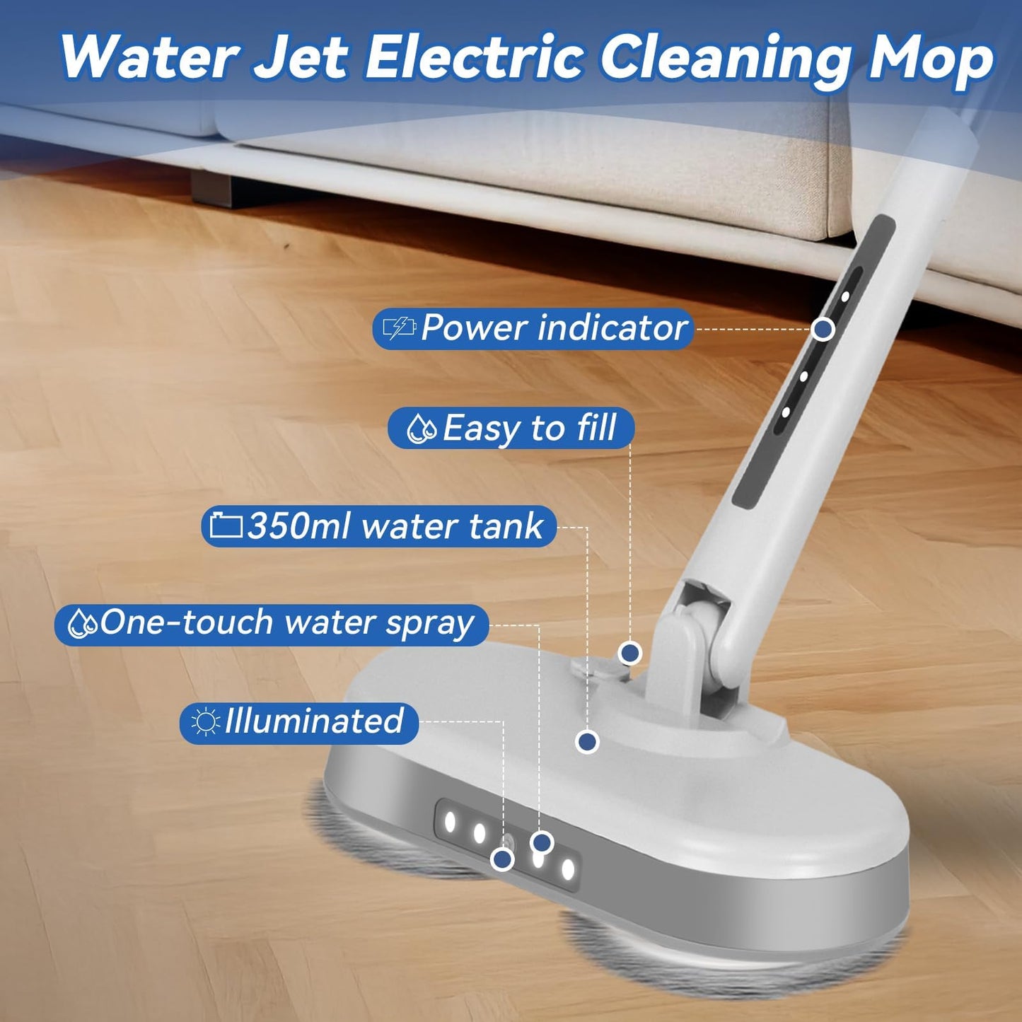 Cordless Electric Mop, Electric Spin Mop with LED Headlight and Water Spray,60 Mins Spin Power Scrubber Mops for Floor Cleaning,2000mAh Battery,350ml Water Tank,Standing Storage,Light Weight