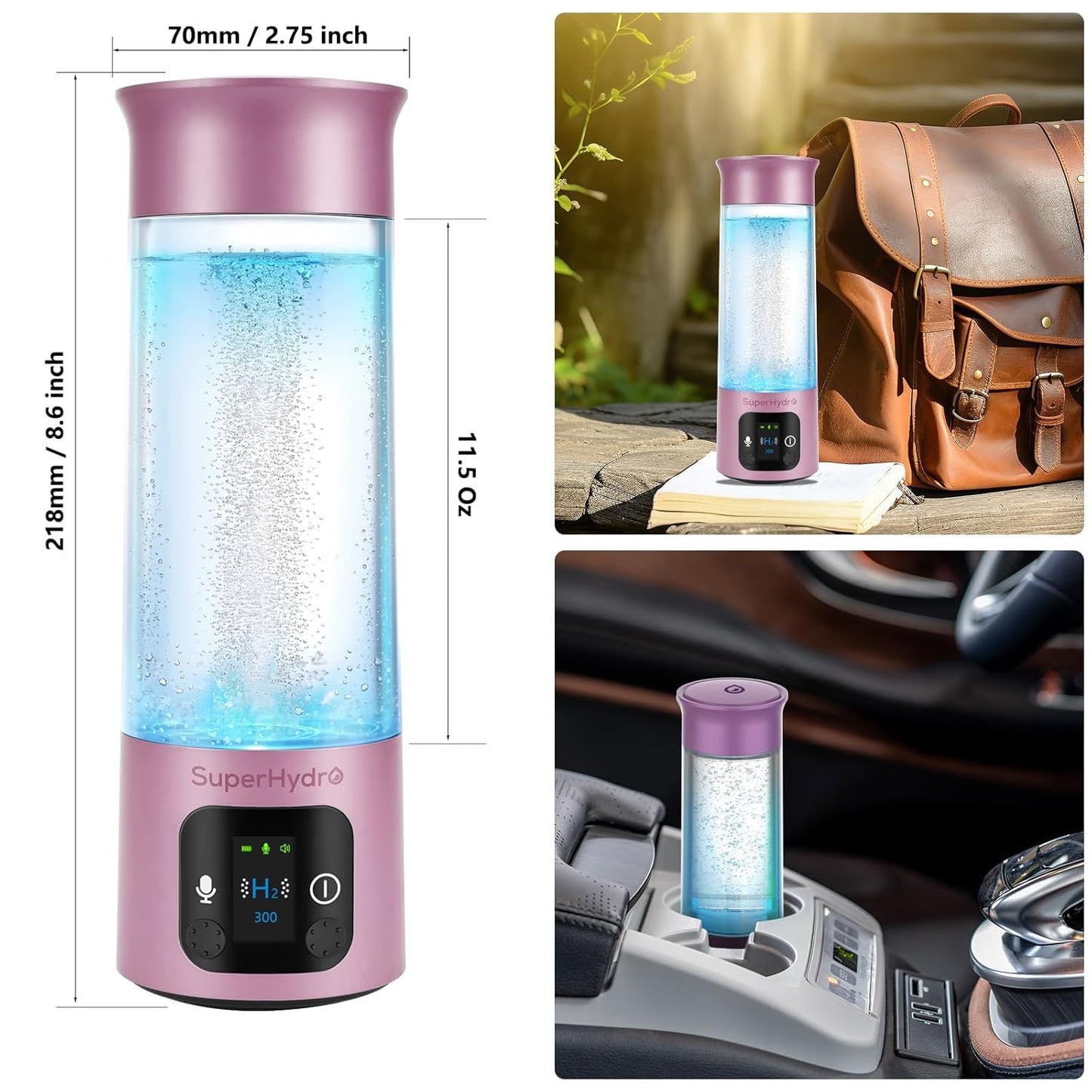 Hydrogen Water Bottle Generator - Up to 6+ PPM Concentration - SPE/PEM Technology - Water Ionizer Machine Suitable for Travel, Daily and Office Drinking - 12oz (Pink)