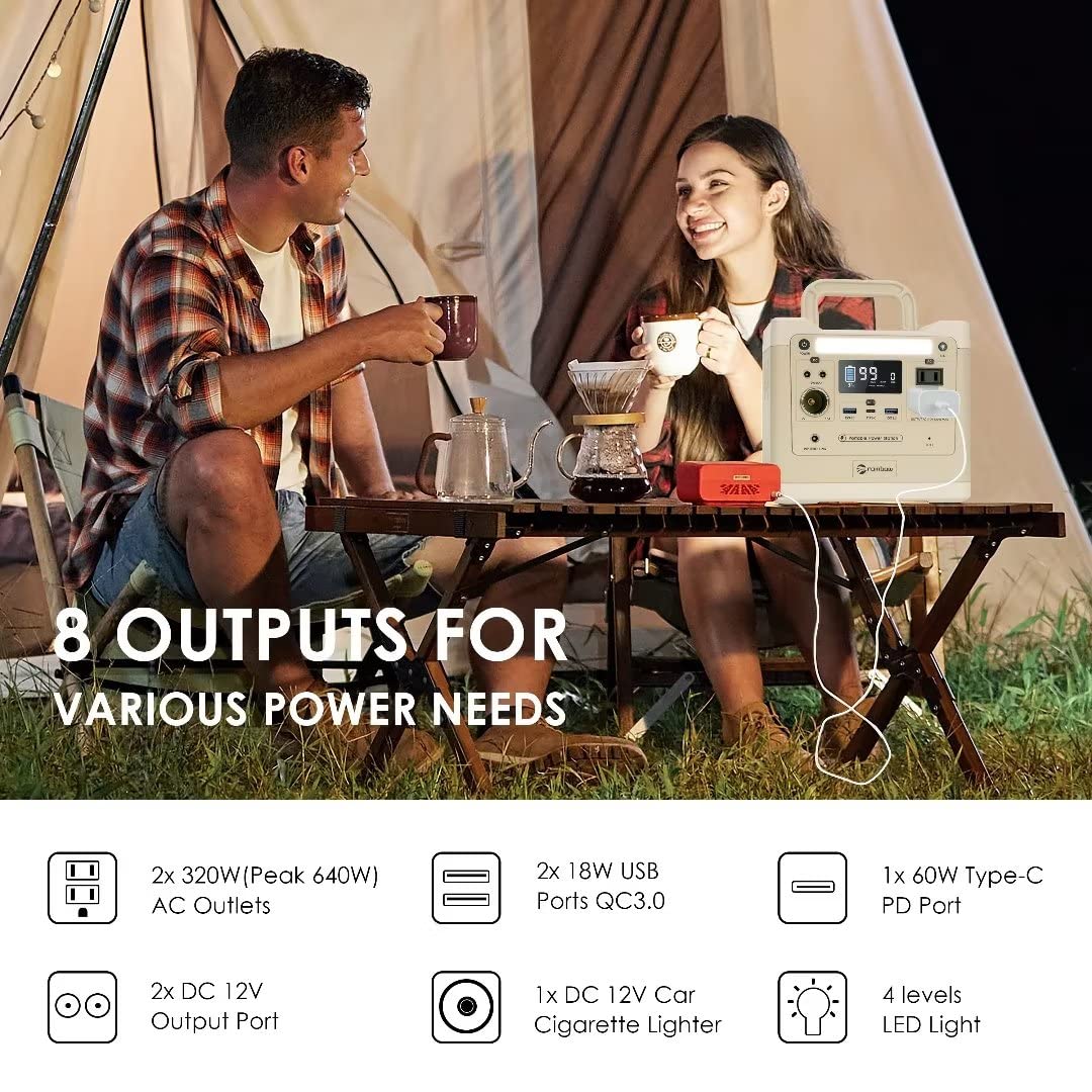RAINBOW Portable Power Station 320W, 298Wh Backup LiFePO4 Battery, 2 x 110V/320W(Peak 640W) AC Outlets, Solar Generator for Outdoor Camping, Quick Charge for Home, Hiking