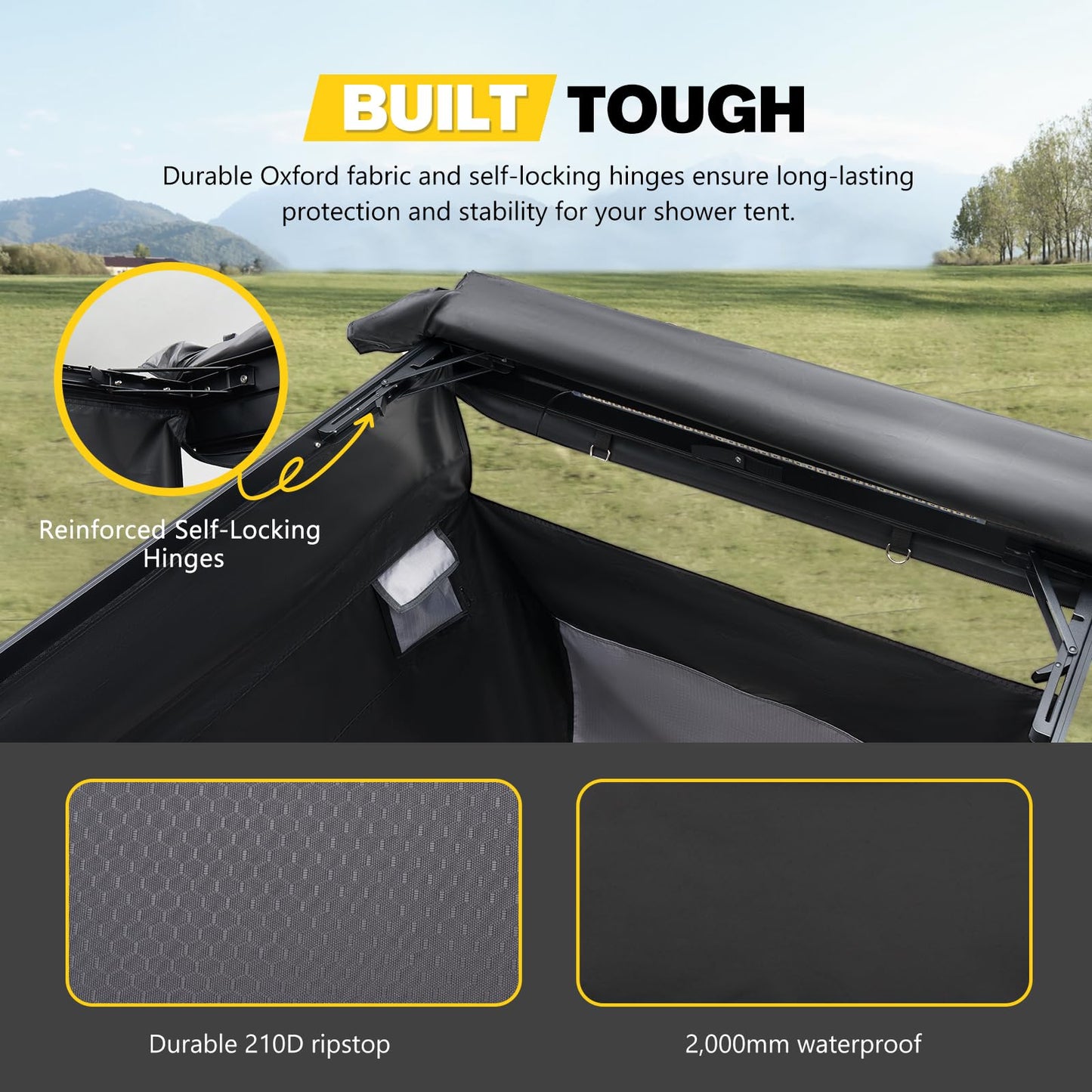 BUNKER INDUST Vehicle Side Shower Tent with Roof, Car Portable Privacy Shower Bathroom, Outdoor Camping Awning Shower Room Waterproof, Built-in LED Light for Night, Black