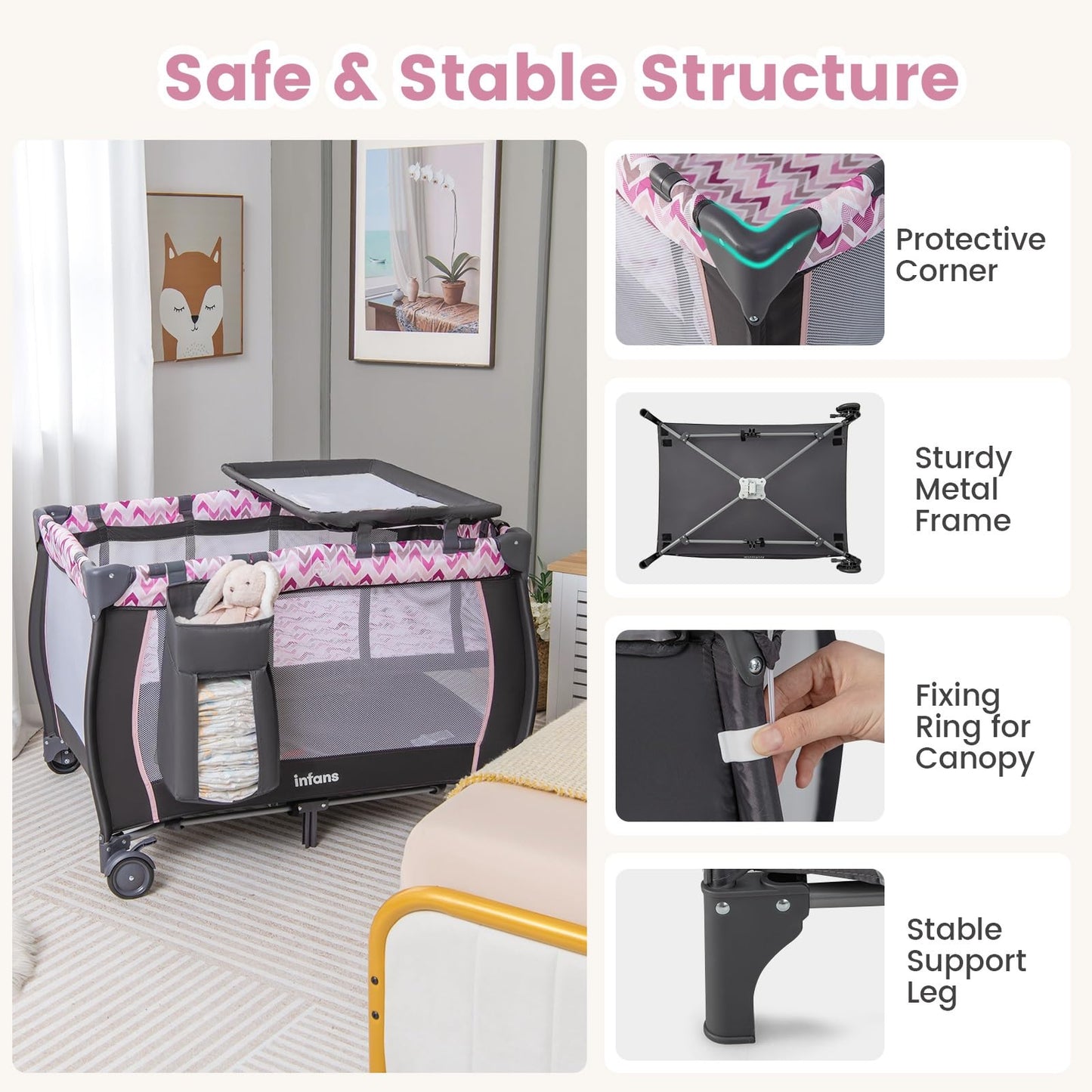 INFANS 4 in 1 Pack and Play, Portable Travel Baby Playard with Bassinet, Changing Table, Canopy, Mosquito Net, Hanging Toys, Music Box, Storage Bag, Large Playpen from Newborn to Toddlers (Pink)