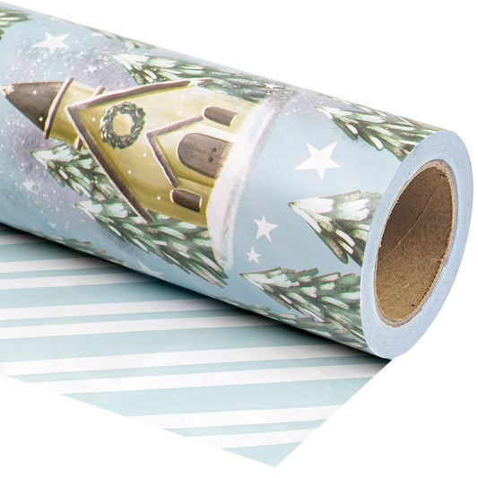 WRAPAHOLIC 30 Inch Jumbo Reversible Christmas Wrapping Paper - 30 Inch X 100 Feet Jumbo Roll Silver and White Christmas Tree and House Printed on Pearlized Paper