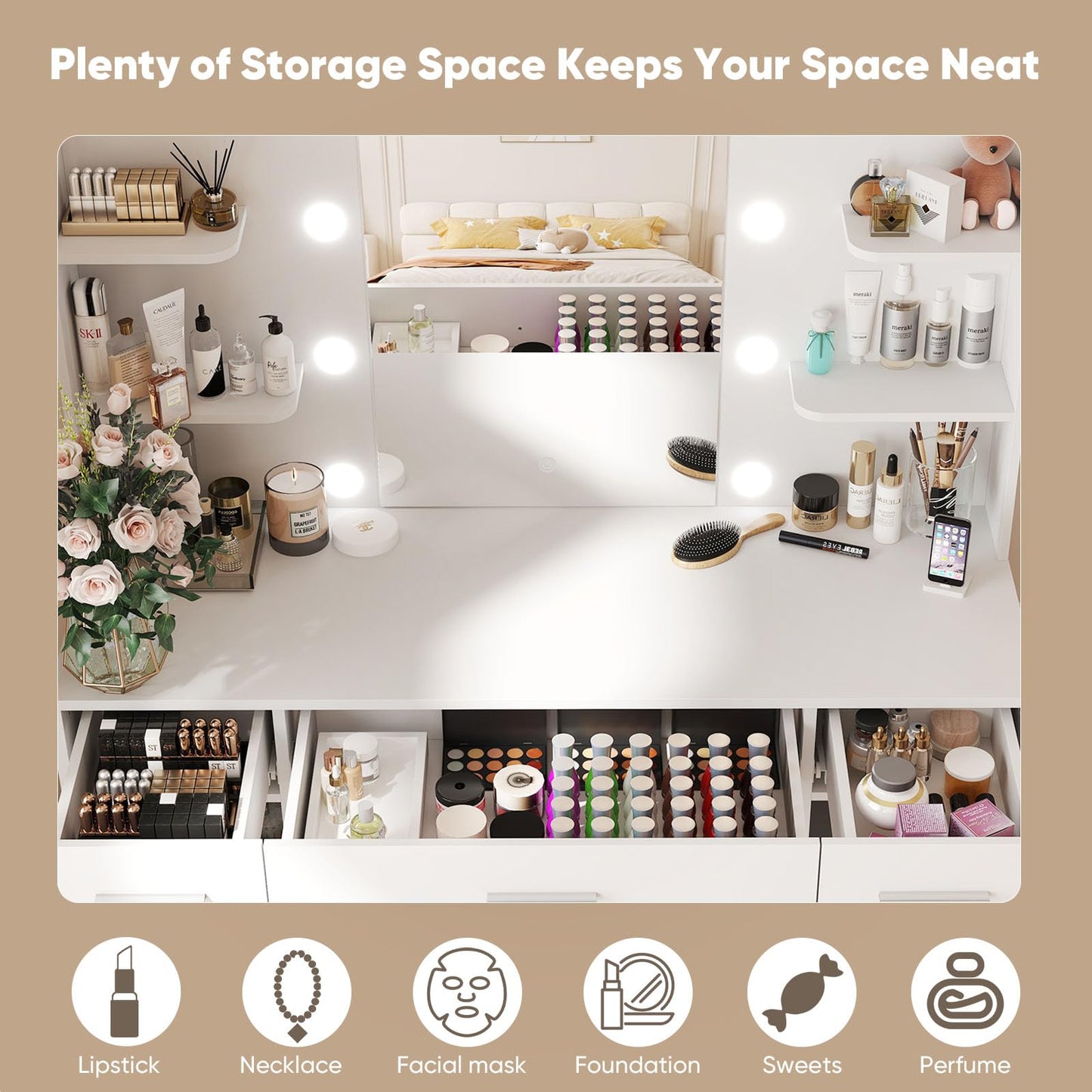 DUMOS Vanity Desk Makeup with Mirror LED Lights, White Table with Power Outlet 3 Drawer, 4 Storage Shelves & 2 Cabinets, 3 Lighting Modes & Adjustable Brightness, Dressing Tables for Bedroom