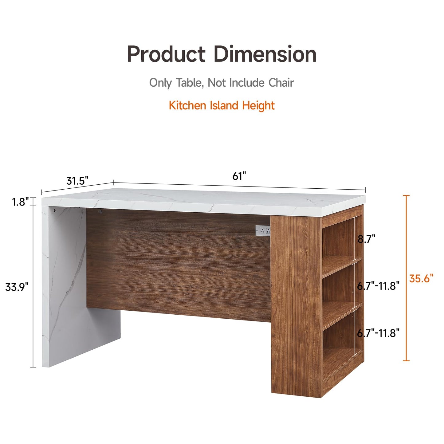 ONBRILL 61"*31" Whole Board of Tabletop Kitchen Island Table with Storage Space, Power Outlet & LED Lights, Modern Imitation Marble Large Counter Height Dining Table for 4 (White)