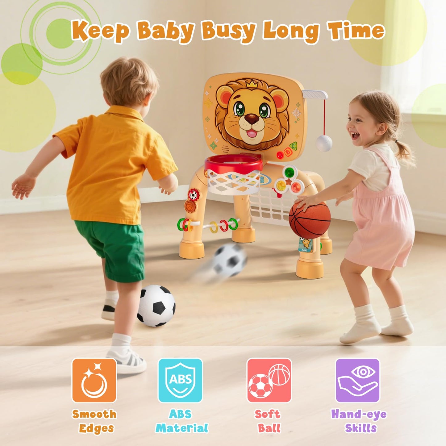 HYES Toddler Basketball Hoop Tball Set & Soccer Goal - Lion Sport Toys for 1 Year Old Boy with Learning Activities (Abacus/Alphabet/Animals Sounds) Christmas Birthday Gifts for Baby Boy Age 1 2 3