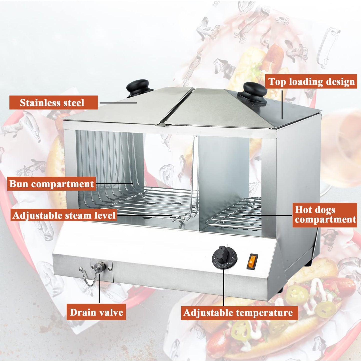 Commercial Hot Dog Machine With Bun Steamer Hotdogs Food Display Warmer Electric Portable (100 hotdogs,48 buns)