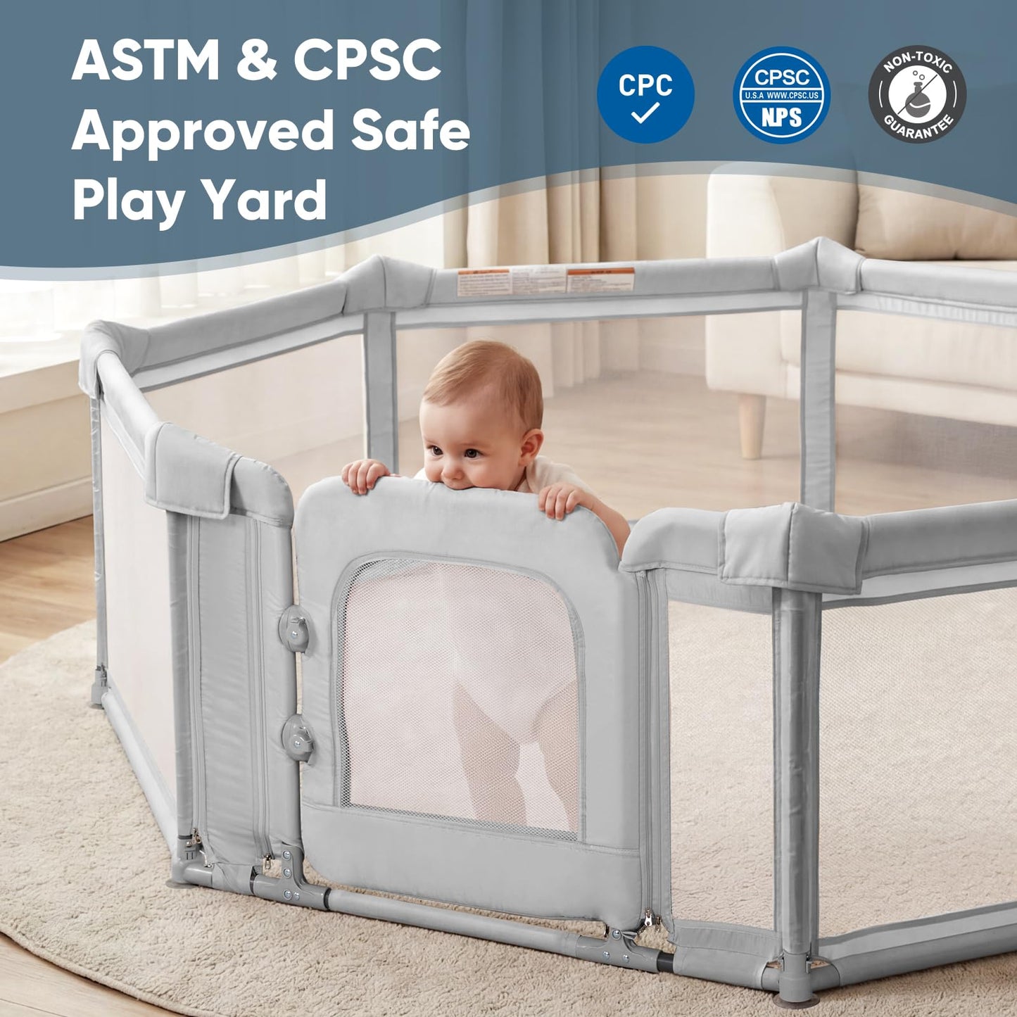 Cosola Foldable Baby Playpen for Toddlers & Babies, Large Play Yard with Mat, 79"x71" Extra Large Safety Playpen for Indoor Outdoor, Anti-Escape Dual Door Play Pen for Infants,Grey