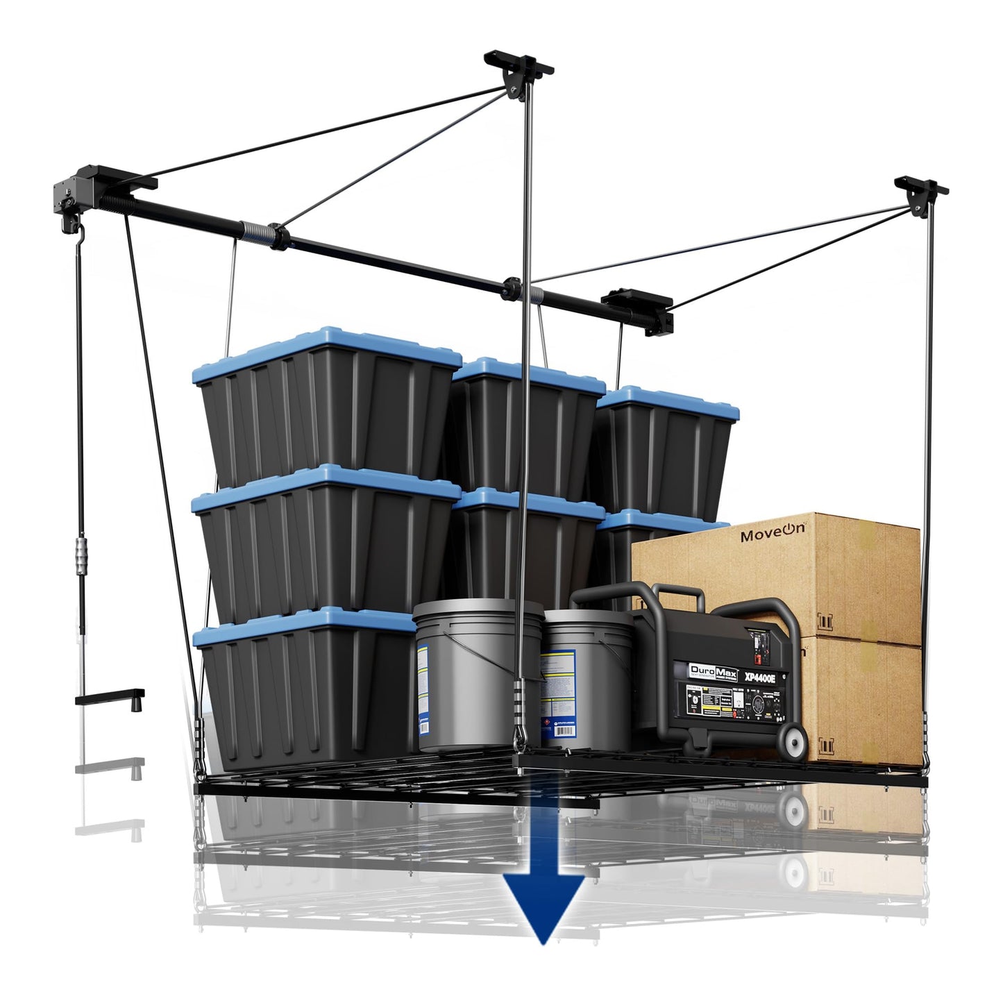 FLEXIMOUNTS GL1 Overhead Garage Lifting Storage Rack, 4x4 Ft Heavy-Duty Metal Garage Ceiling Rack, Adjustable Organization System With 71''L Axle, 350lbs Weight, Black