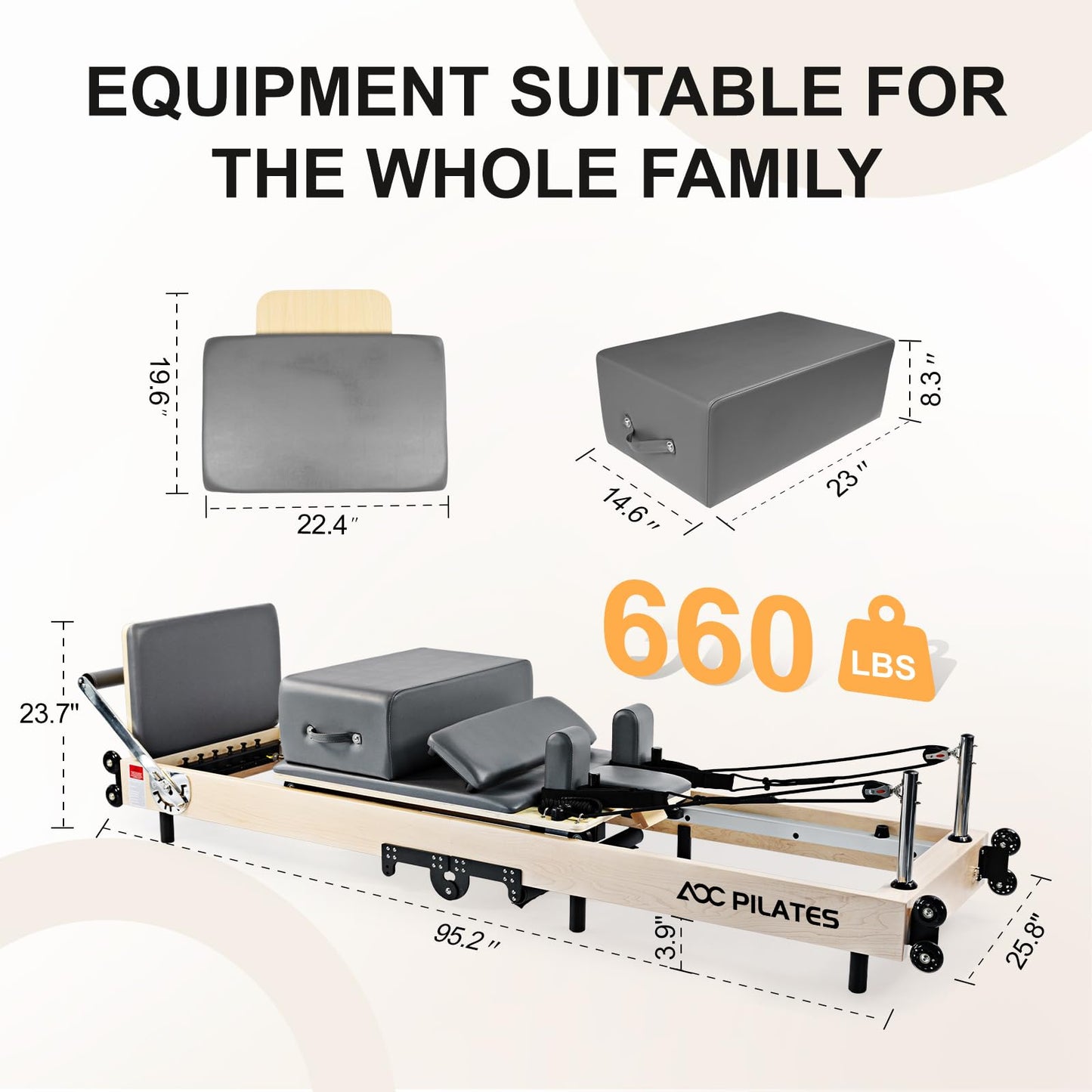 AOC PILATES Pilates Reformer, Wooden Foldable Pilates Reformer Machine with 6 Springs, Box, Padded Jump Board, 660lbs Capacity for Home Workouts Studio Gray